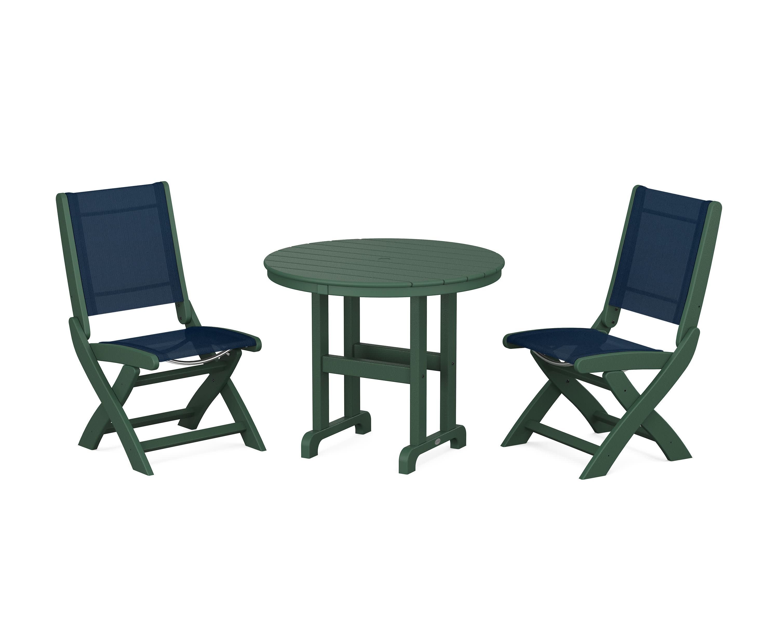 Coastal Folding Side Chair 3-Piece Round Dining Set in Green / Navy Blue Sling