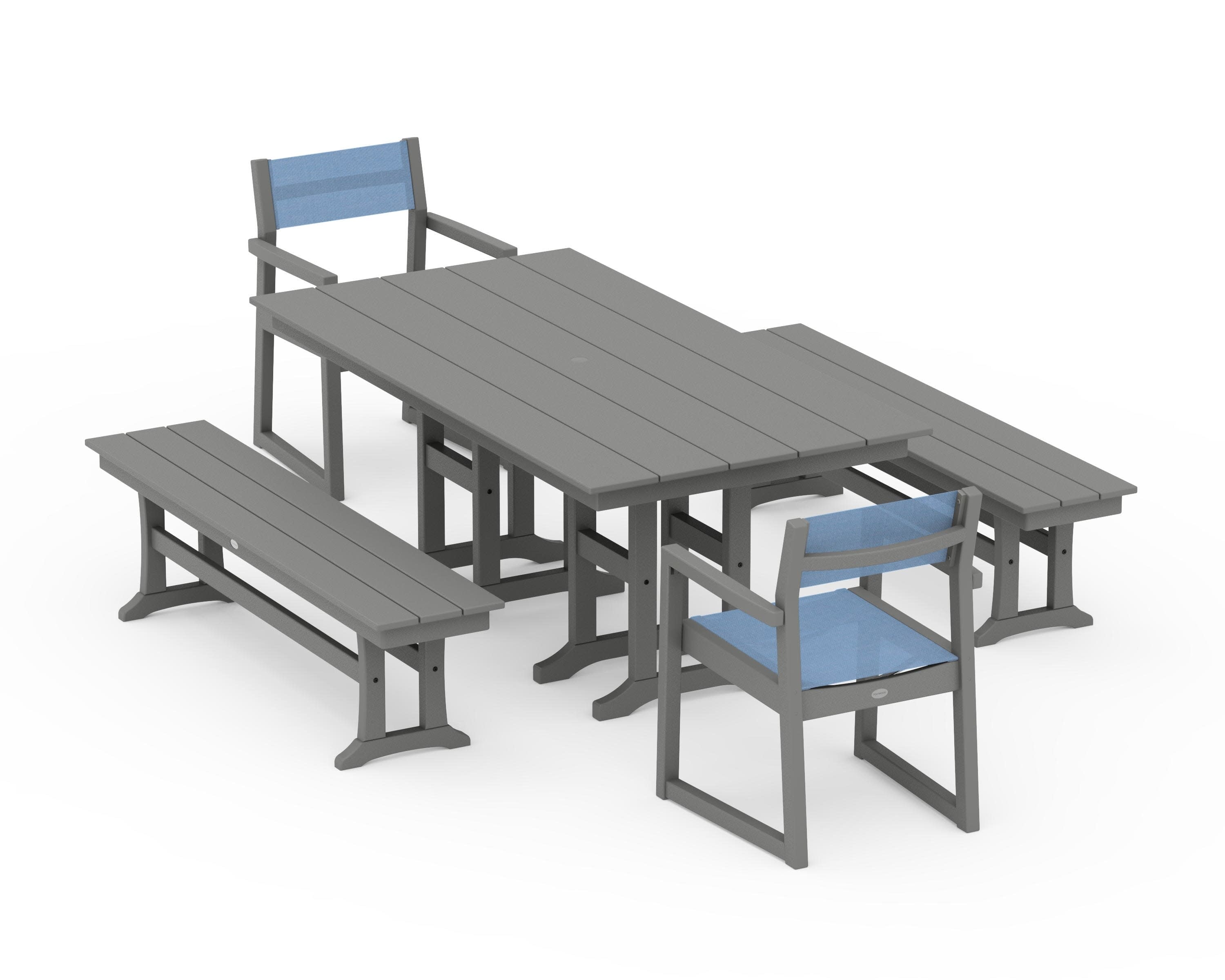 EDGE Sling Arm Chair 5-Piece Farmhouse Dining Set with Benches in Slate Grey / Poolside Sling