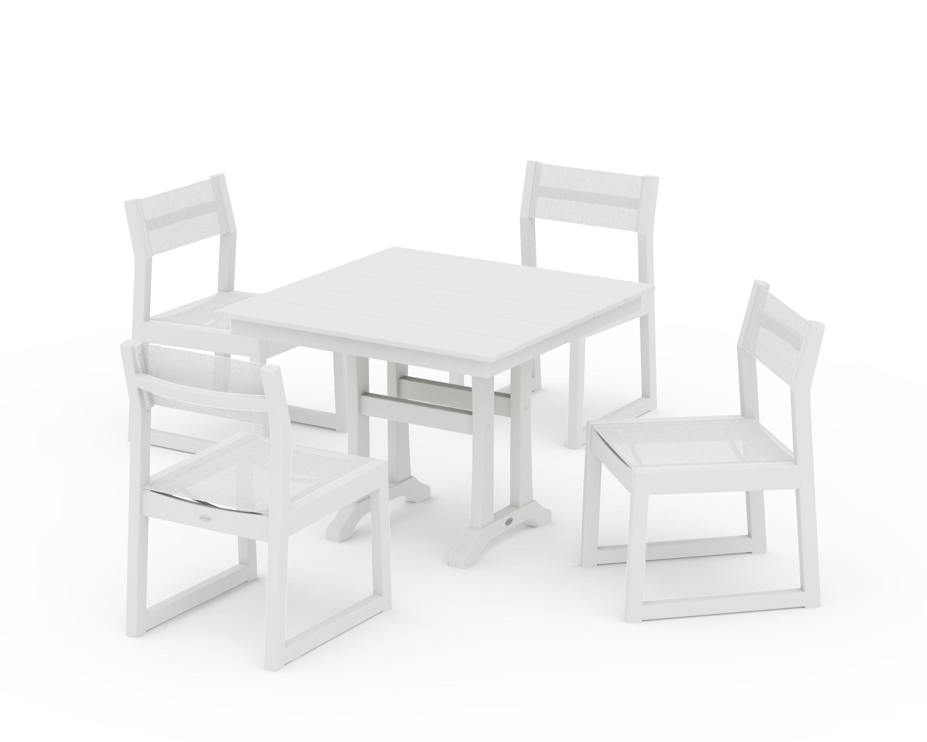 EDGE Sling 5-Piece Farmhouse Trestle Side Chair Dining Set in Vintage White / White Sling