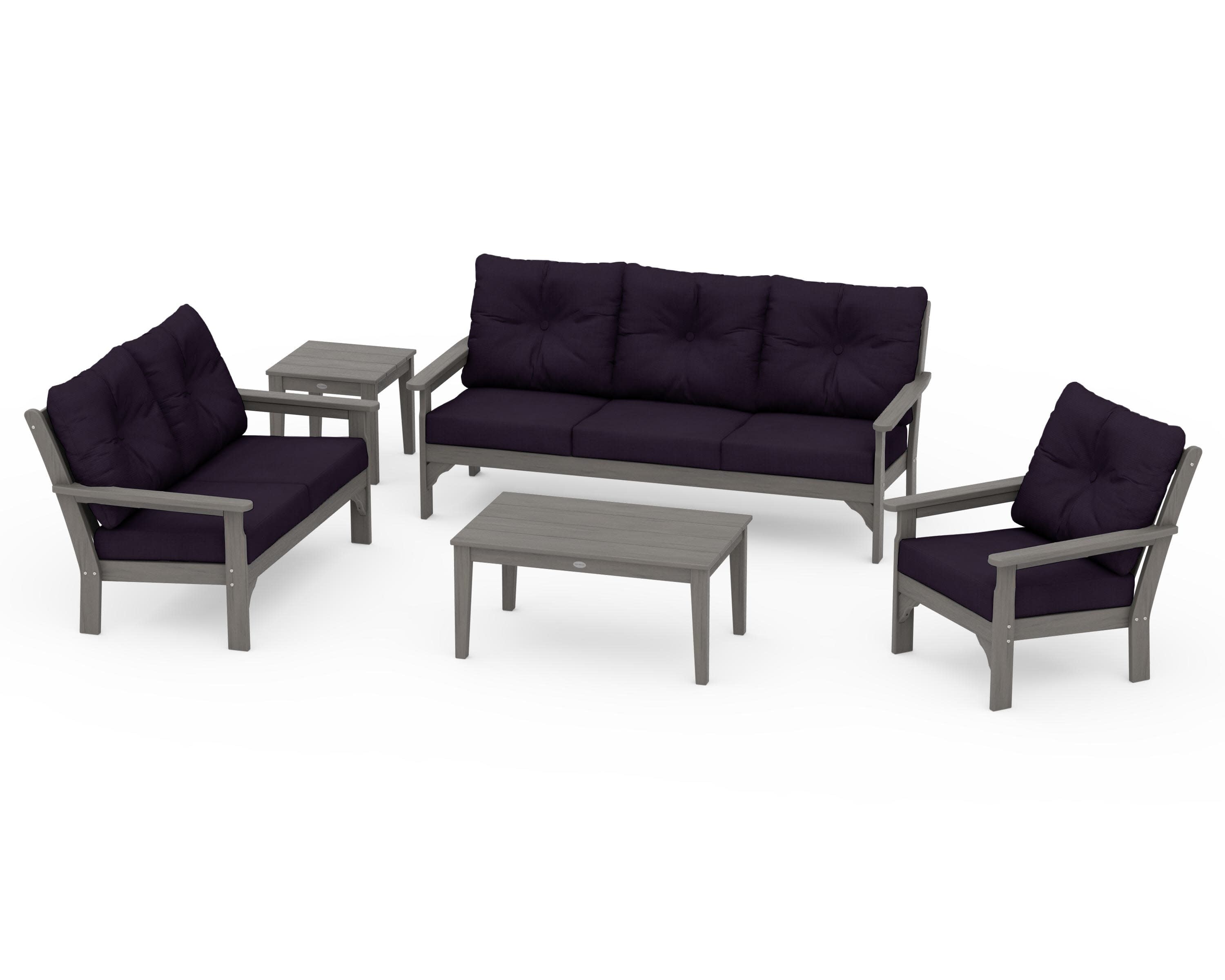 Vineyard 5 Piece Deep Seating Set in Driftwood / Navy Linen