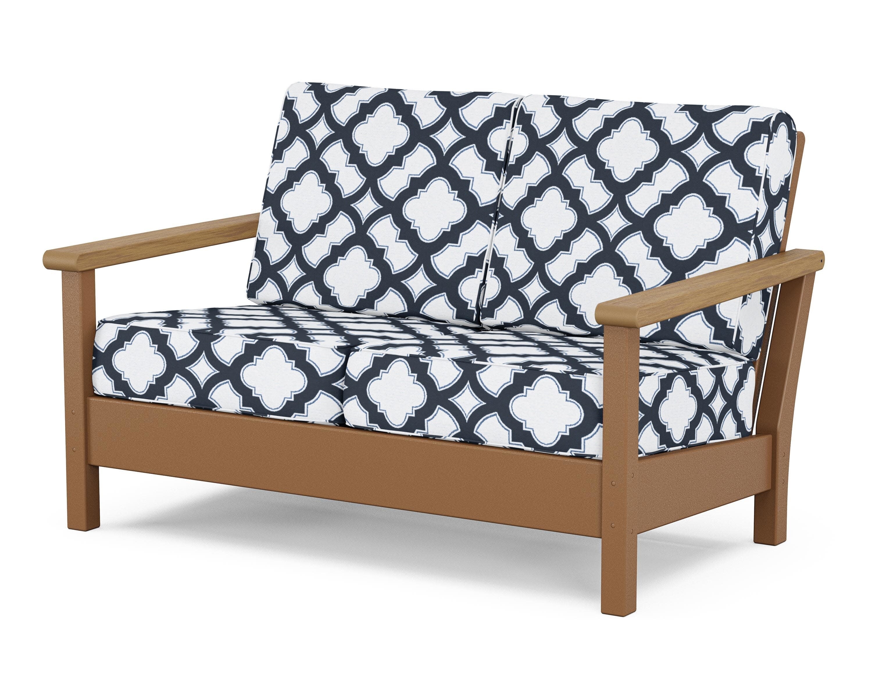 Harbour Deep Seating Loveseat in Teak / Natural / Trellis Marine Indigo