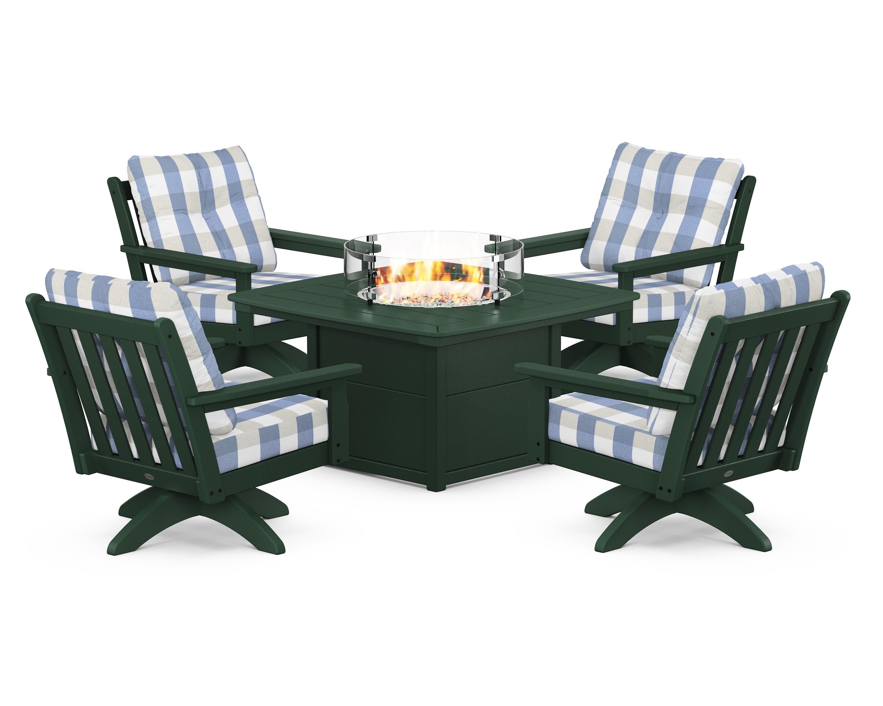 Vineyard 5-Piece Deep Seating Swivel Conversation Set with Fire Pit Table in Green / Buffalo Plaid Sky Blue