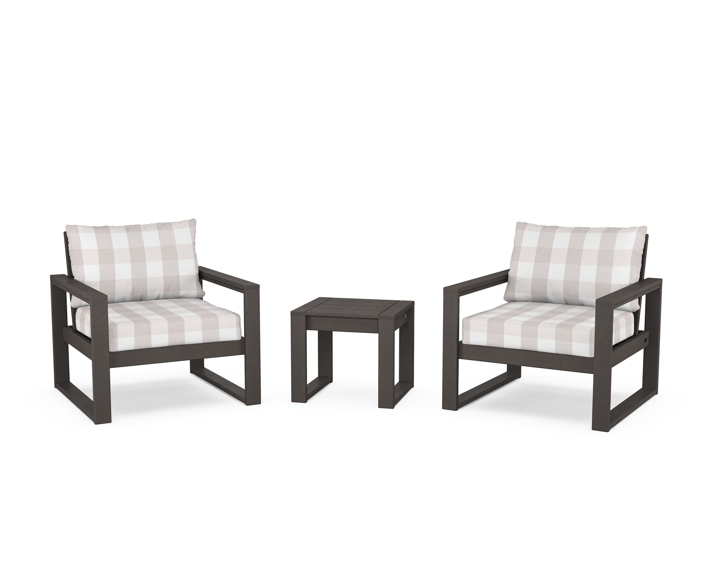 EDGE Sectional 3-Piece Deep Seating Set in Vintage Coffee / Buffalo Plaid Dune Burlap