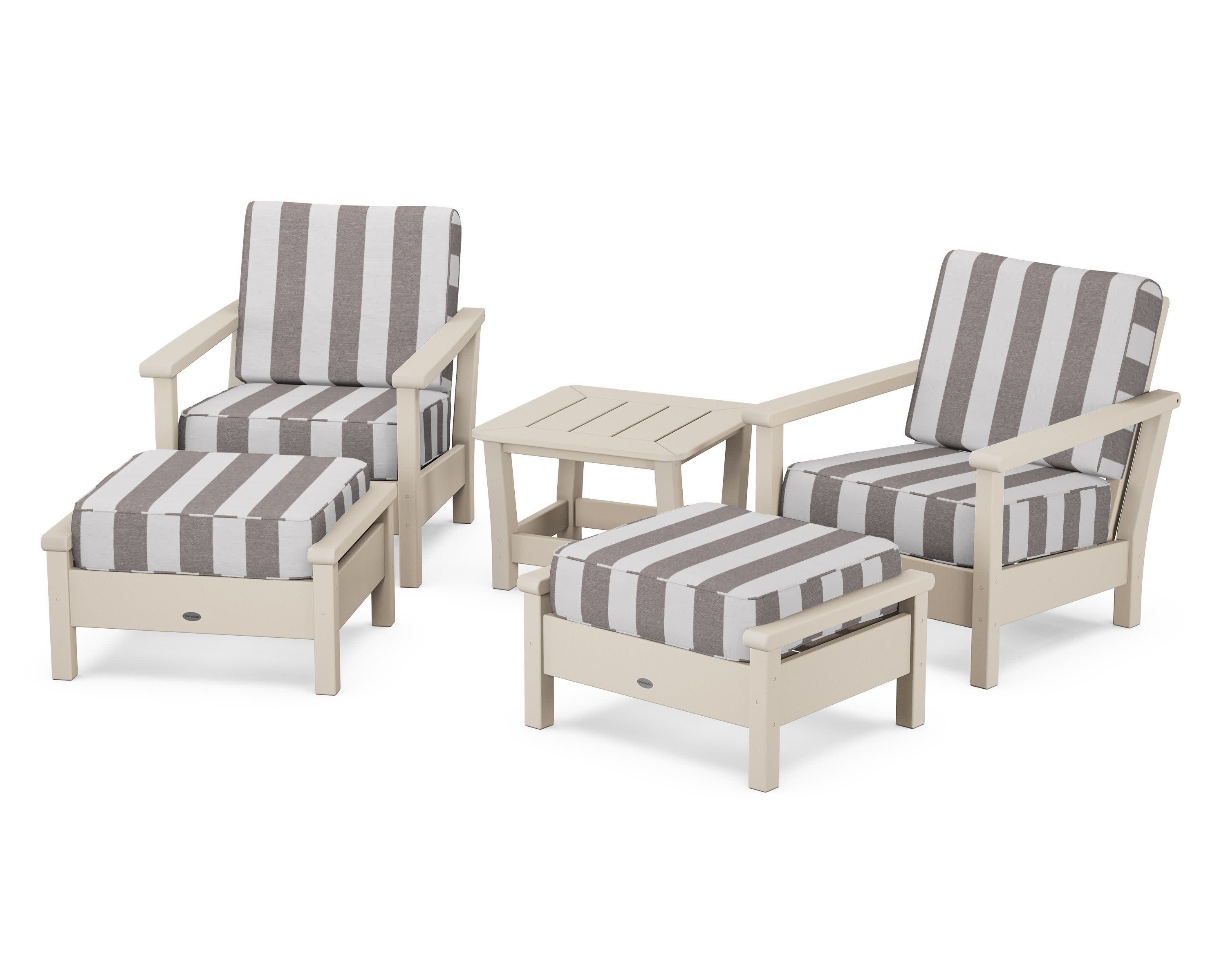 Harbour 5-Piece Deep Seating Chair Set in Sand / Cabana Stripe Grey Mist