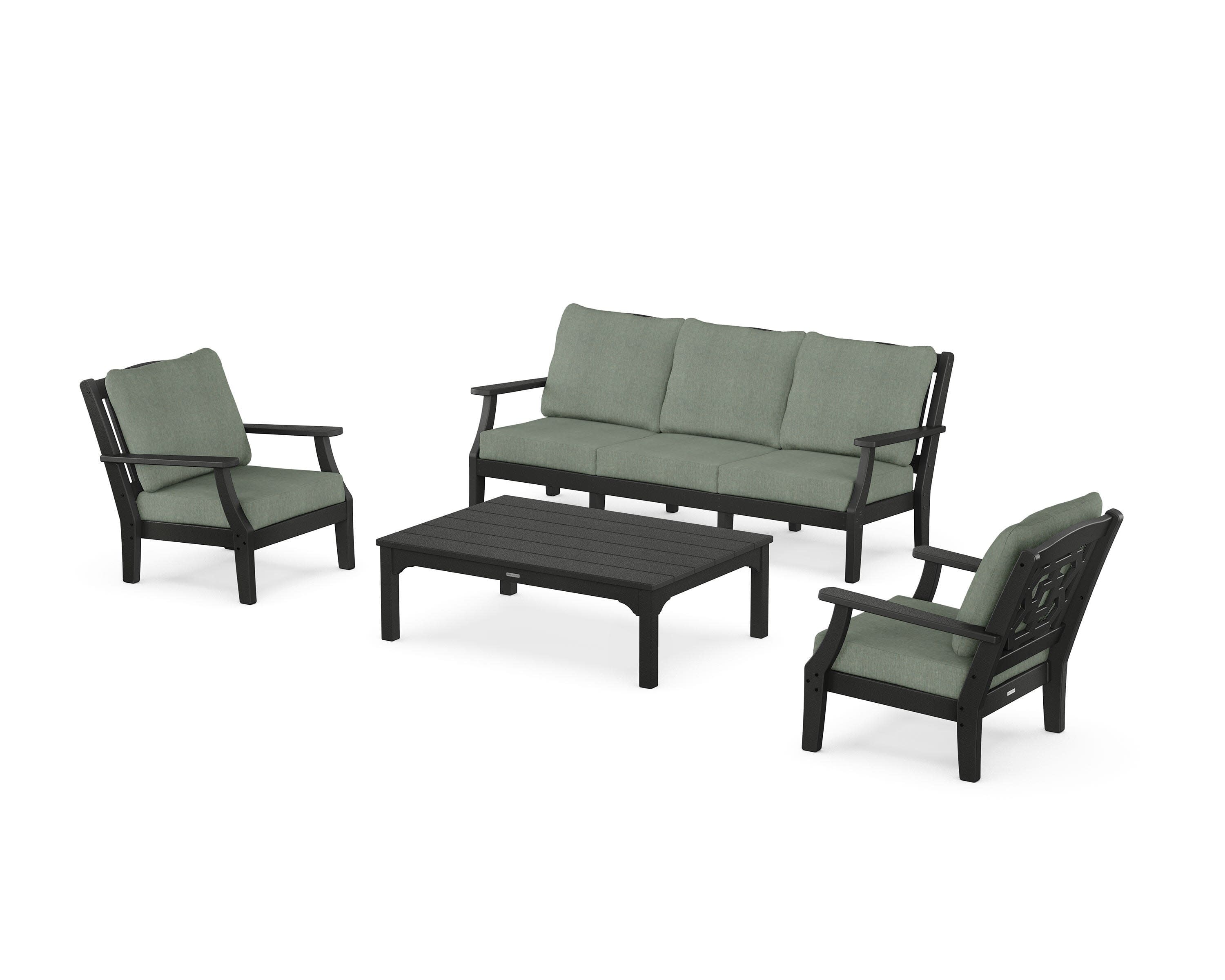 Chinoiserie 4-Piece Deep Seating Set with Sofa in Black / Cast Sage