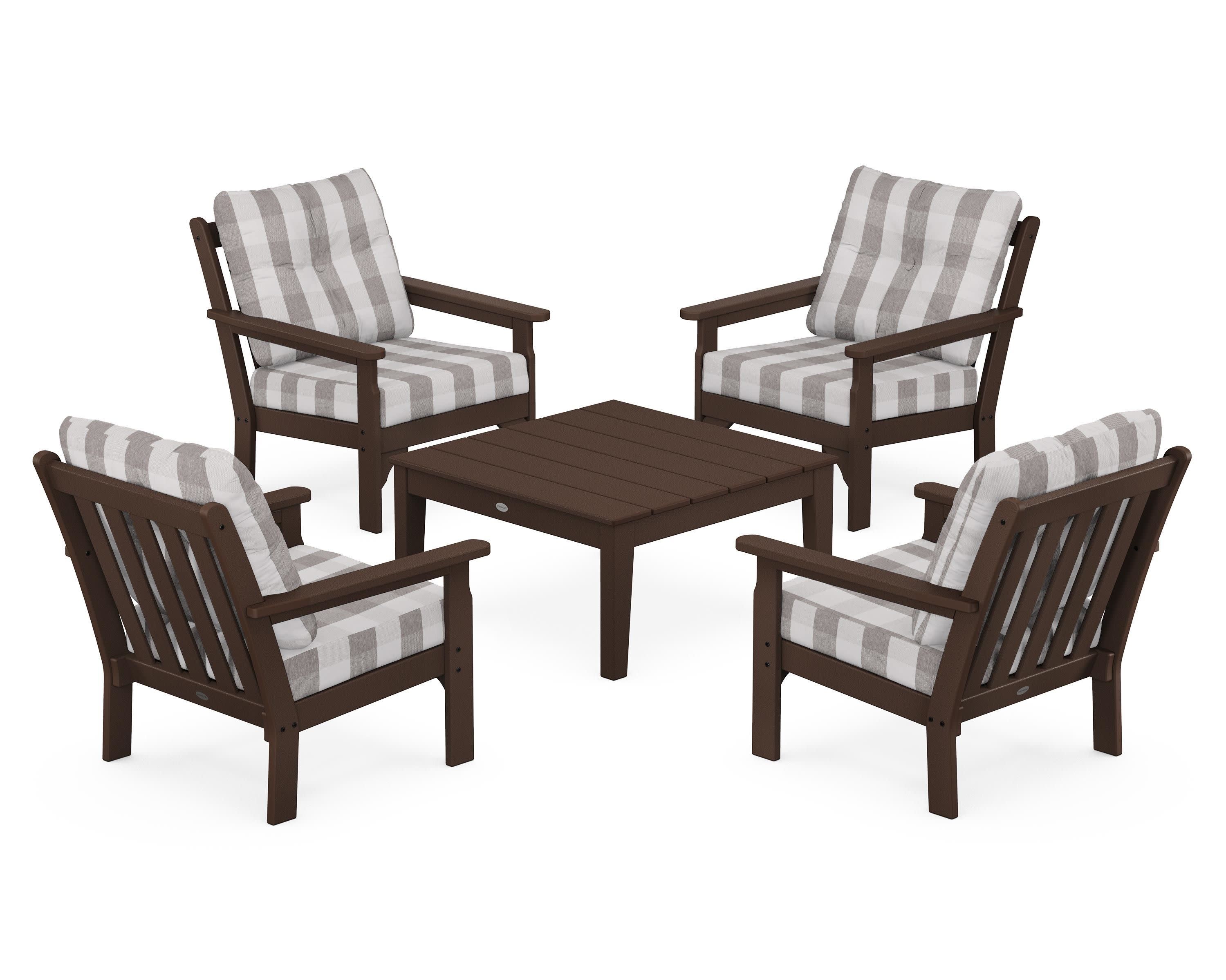 Vineyard 5-Piece Deep Seating Conversation Set in Mahogany / Buffalo Plaid Grey Mist