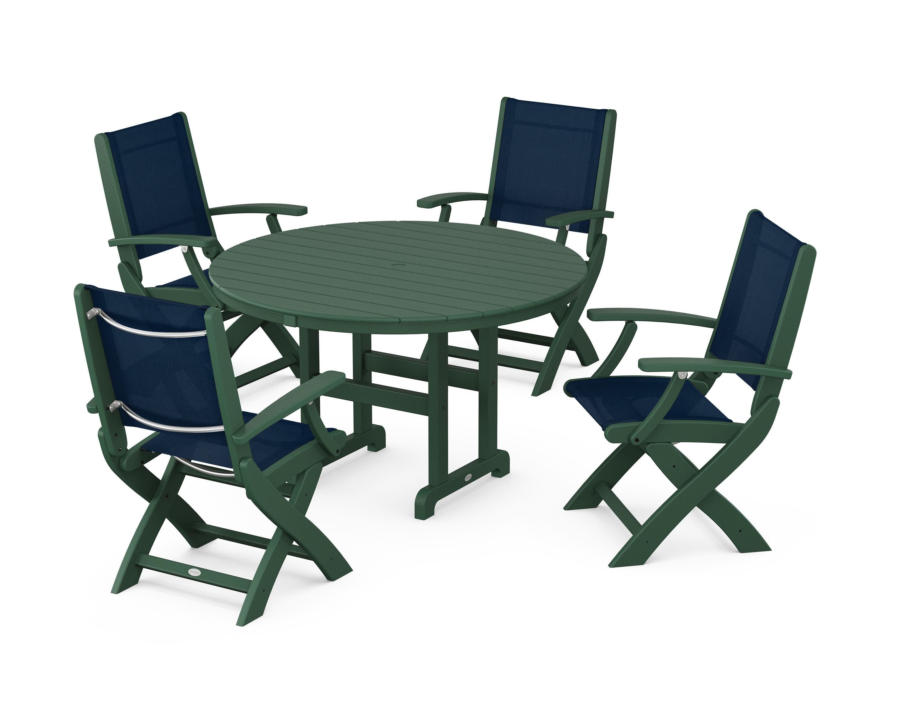 Coastal Folding Chair 5-Piece Round Dining Set in Green / Navy Blue Sling
