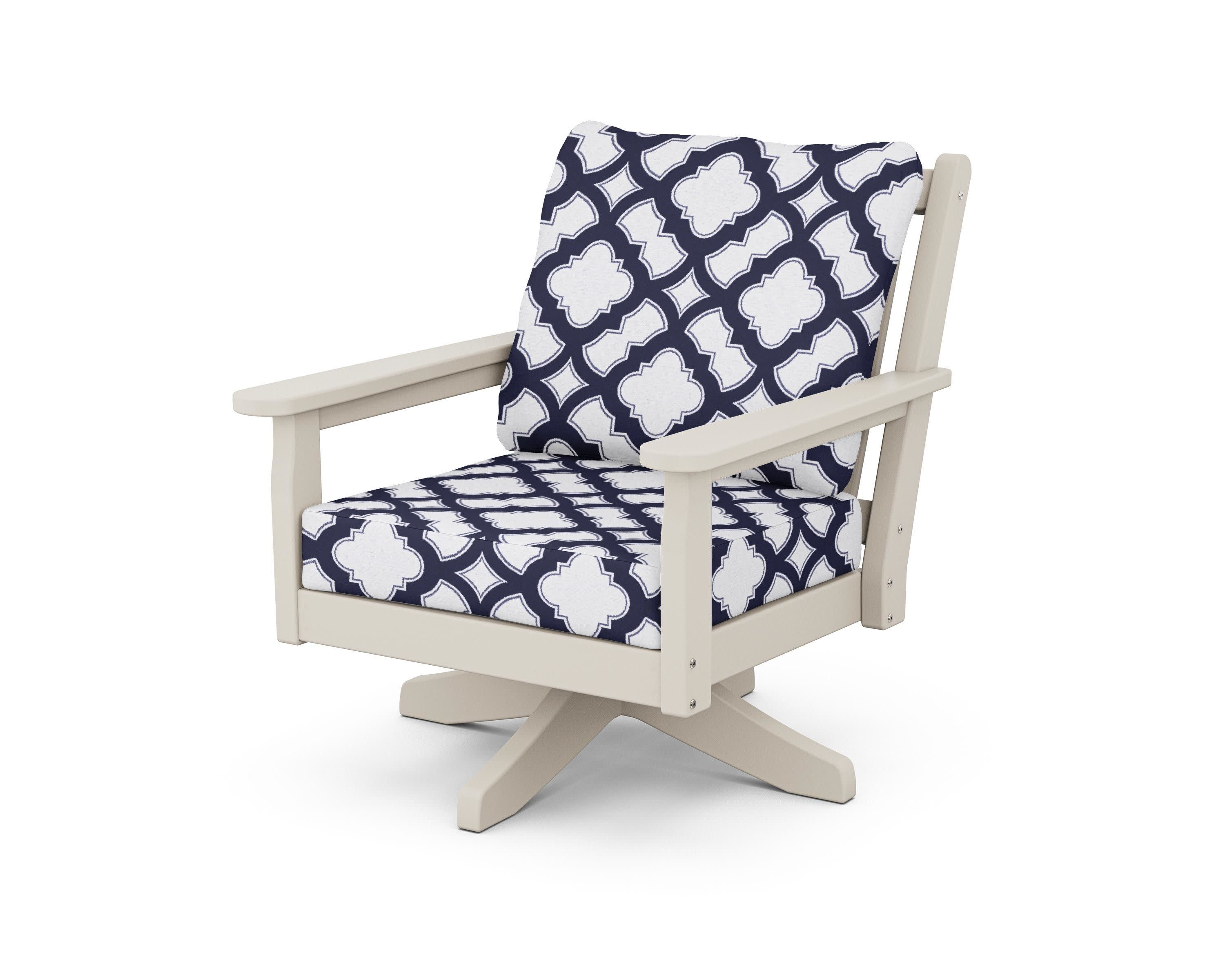 Chippendale Deep Seating Swivel Chair in Sand / Trellis Navy