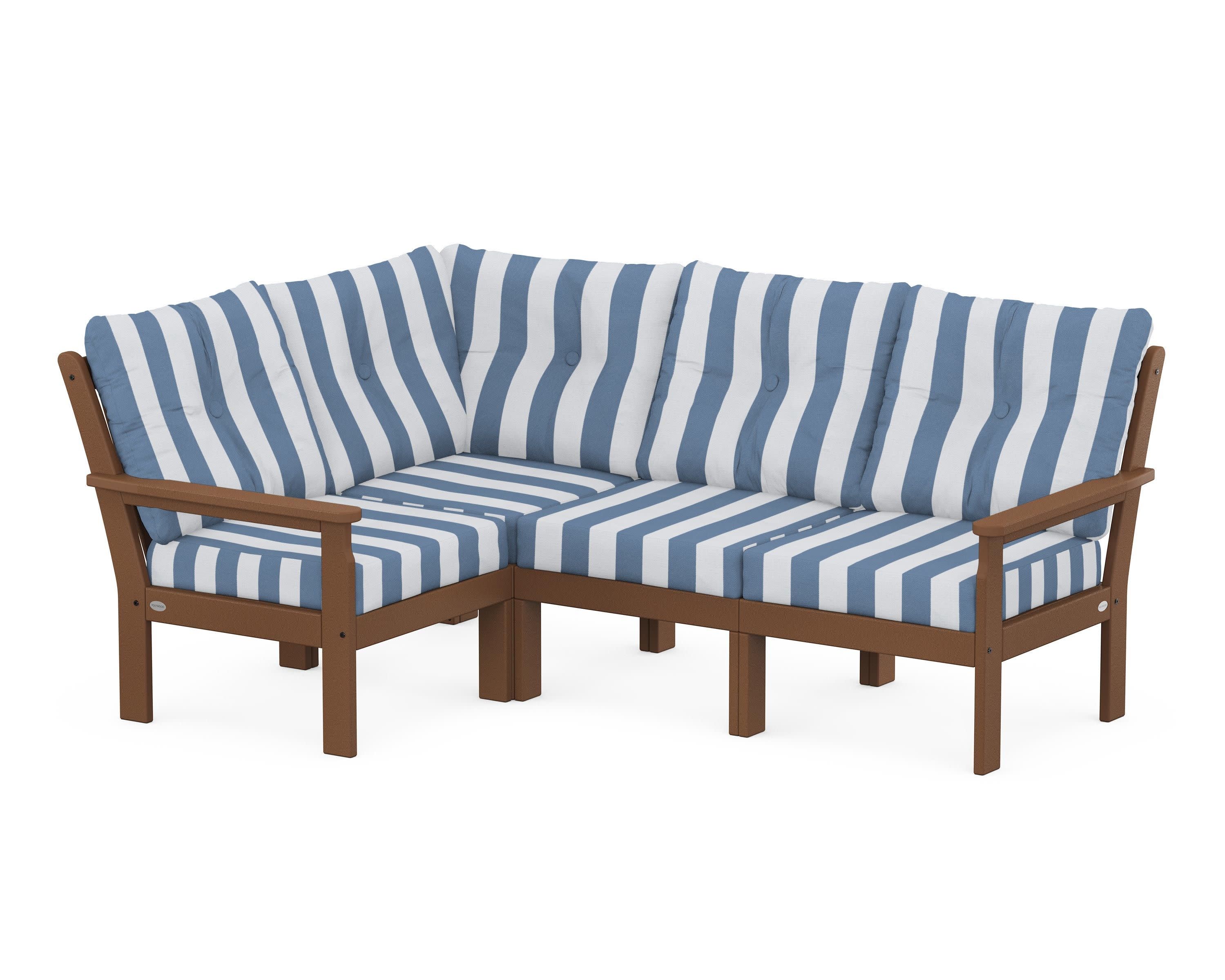 Vineyard 4-Piece Sectional in Teak / Cabana Stripe Sky Blue