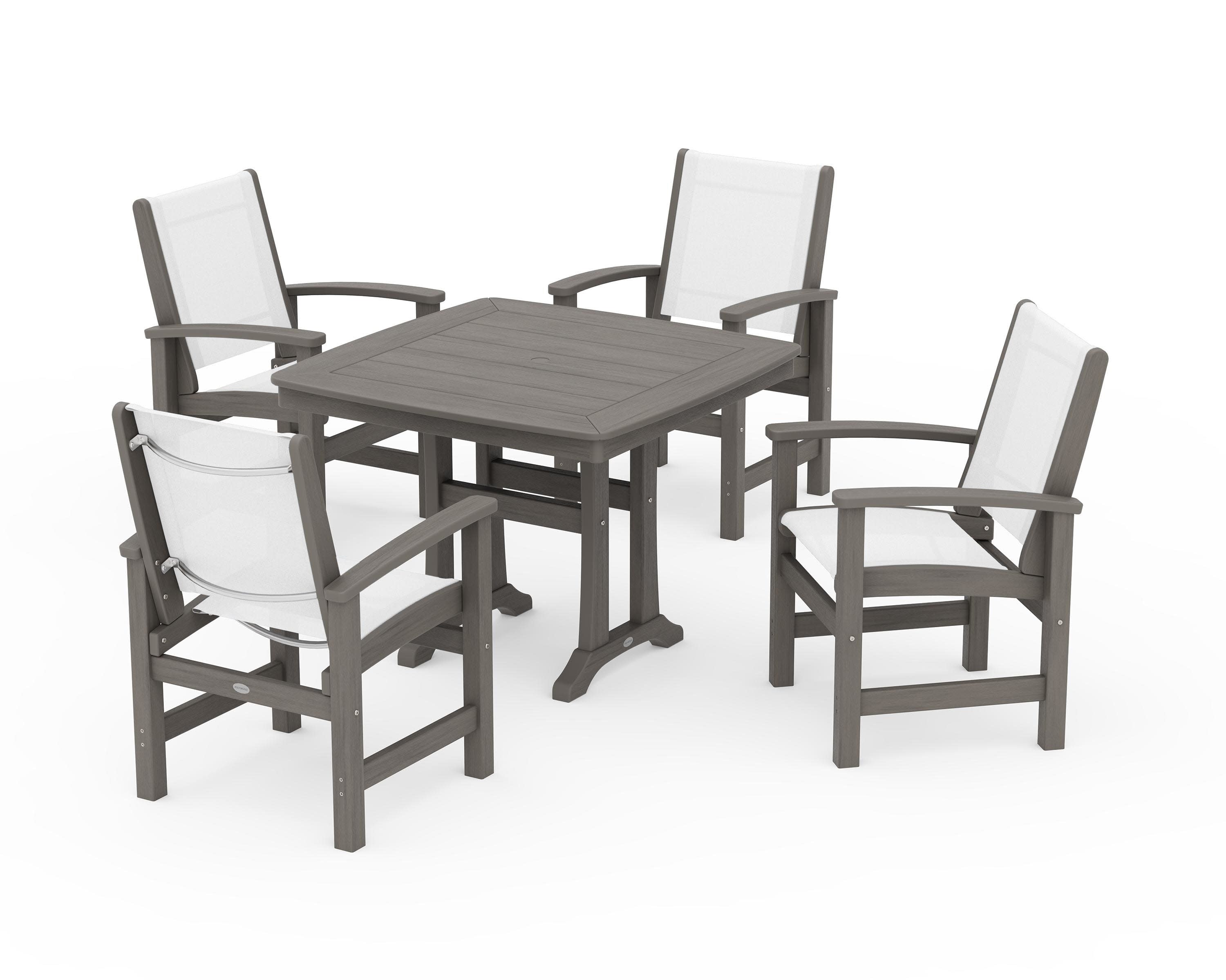 Coastal 5-Piece Dining Set with Trestle Legs in Driftwood / White Sling