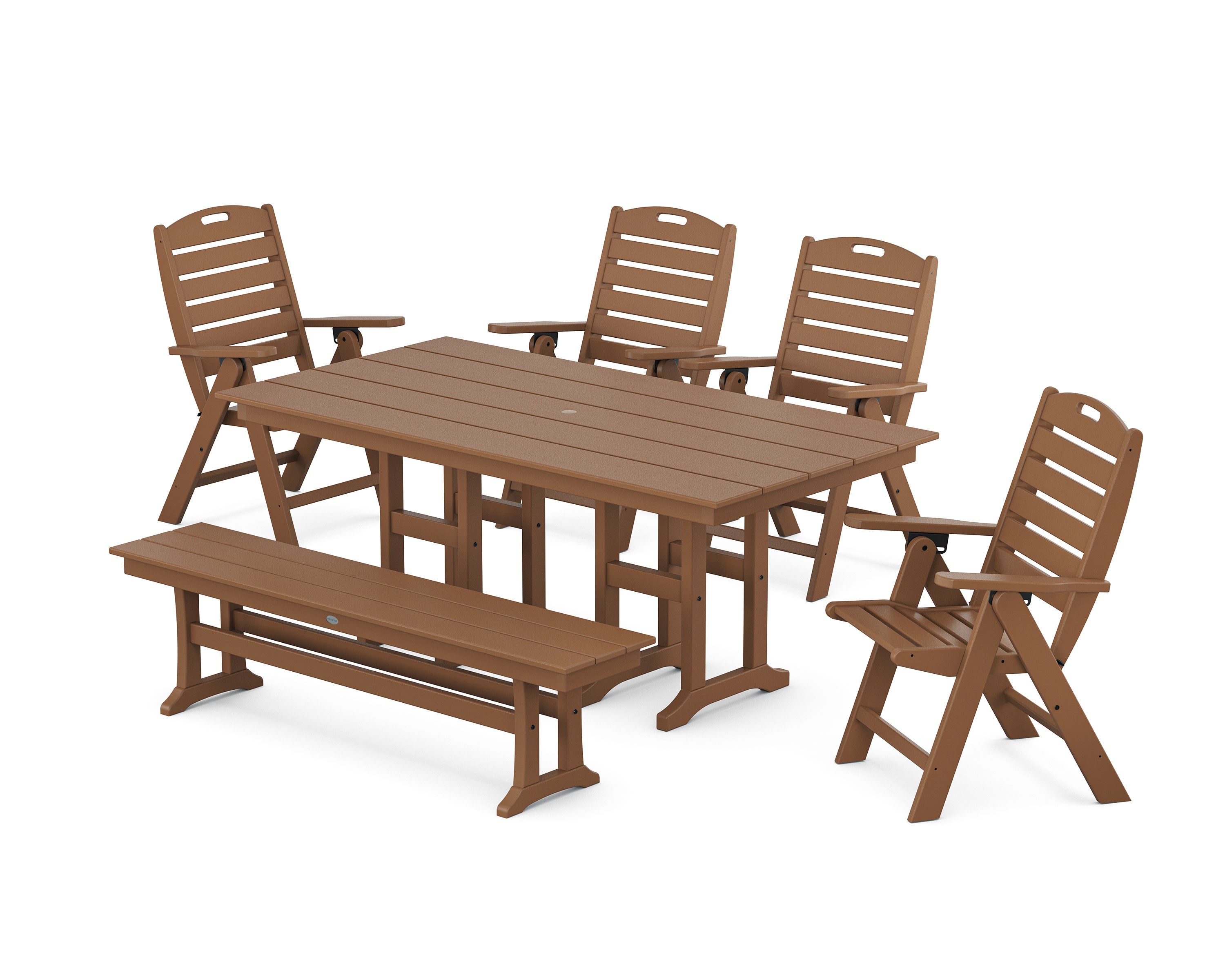 Nautical Highback 6-Piece Farmhouse Dining Set with Bench in Teak