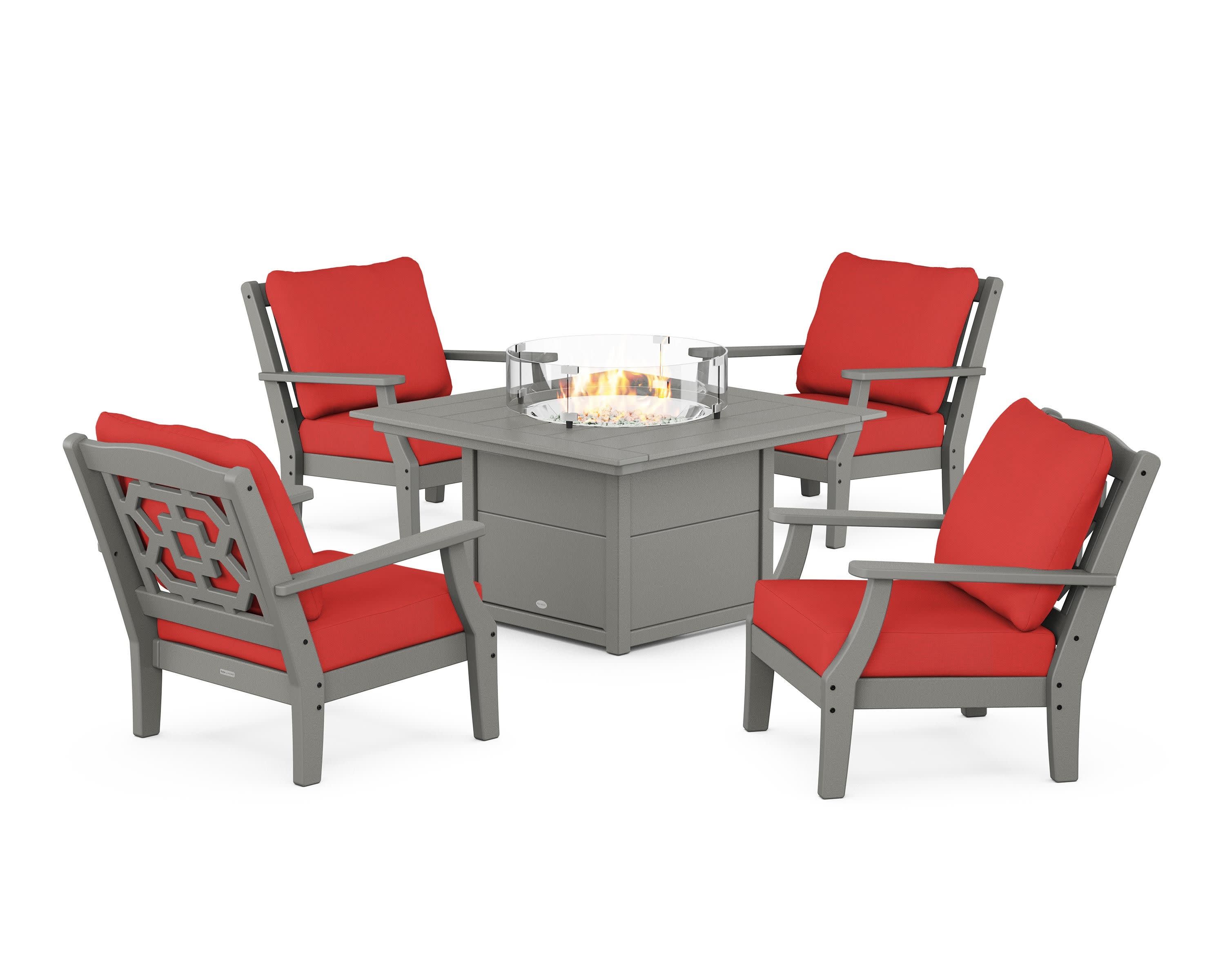 Chinoiserie 5-Piece Deep Seating Set with Fire Pit Table in Slate Grey / Crimson Linen