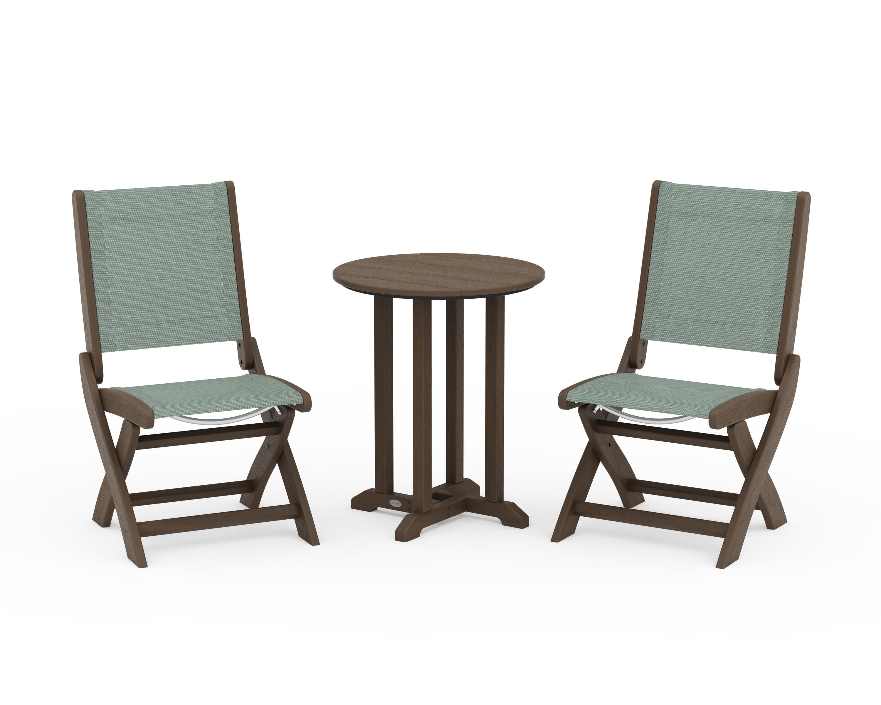 Coastal Folding Side Chair 3-Piece Round Bistro Dining Set in Kona / Dupioni Sea Mist Sling