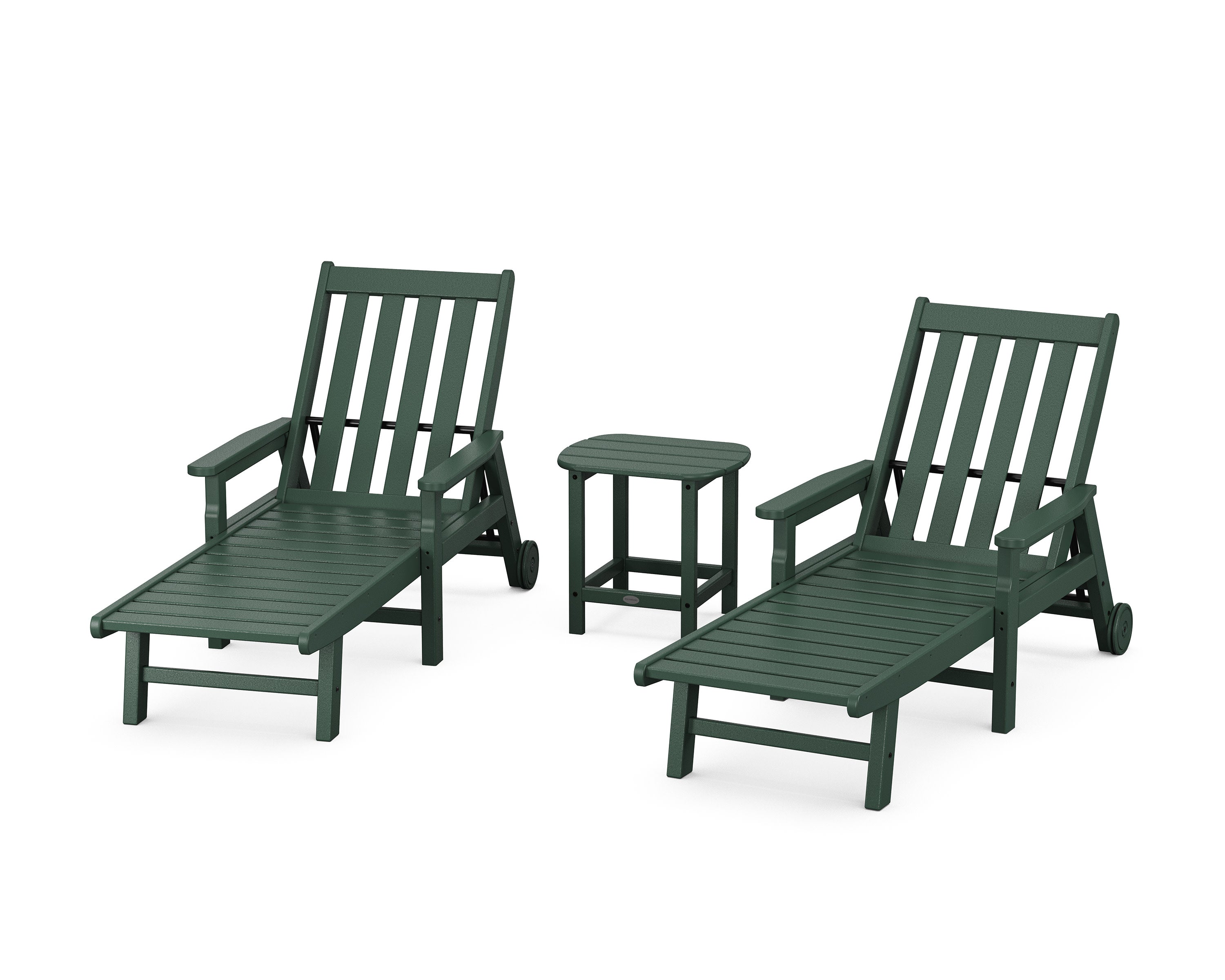 Vineyard 3-Piece Chaise with Arms and Wheels Set in Green