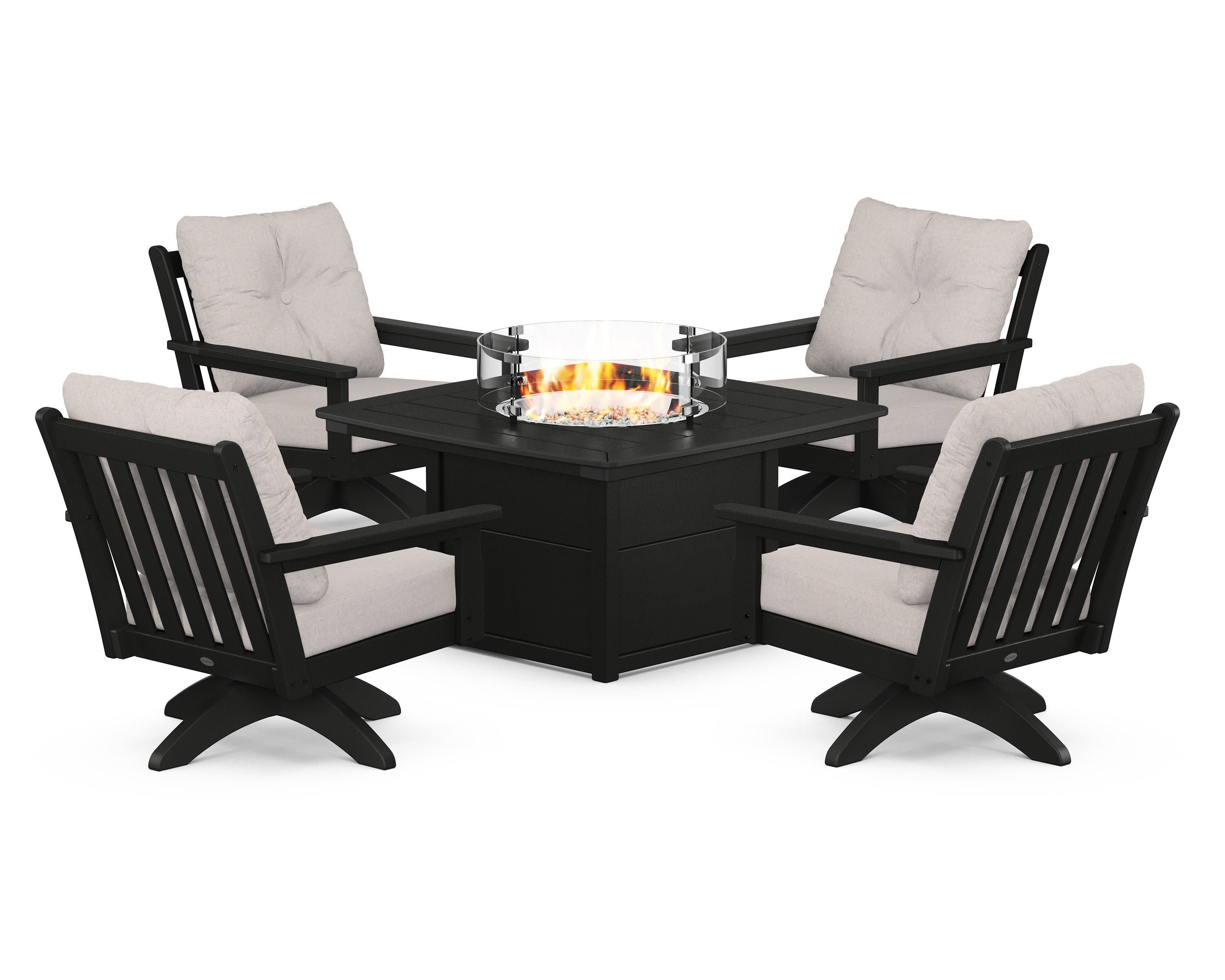Vineyard 5-Piece Deep Seating Swivel Conversation Set with Fire Pit Table in Black / Dune Burlap