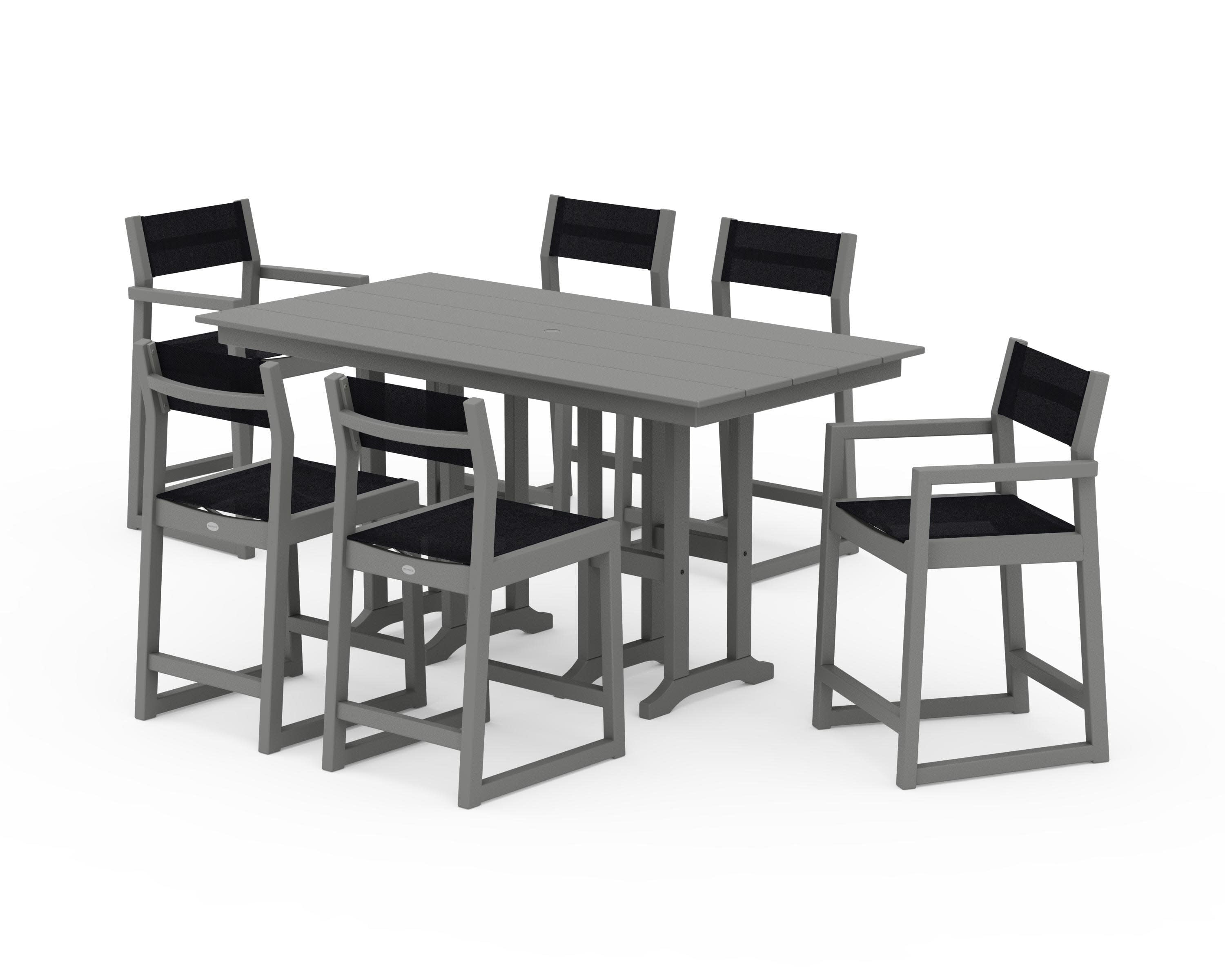 EDGE Sling 7-Piece Farmhouse Counter Set with Trestle Legs in Slate Grey / Black Sling