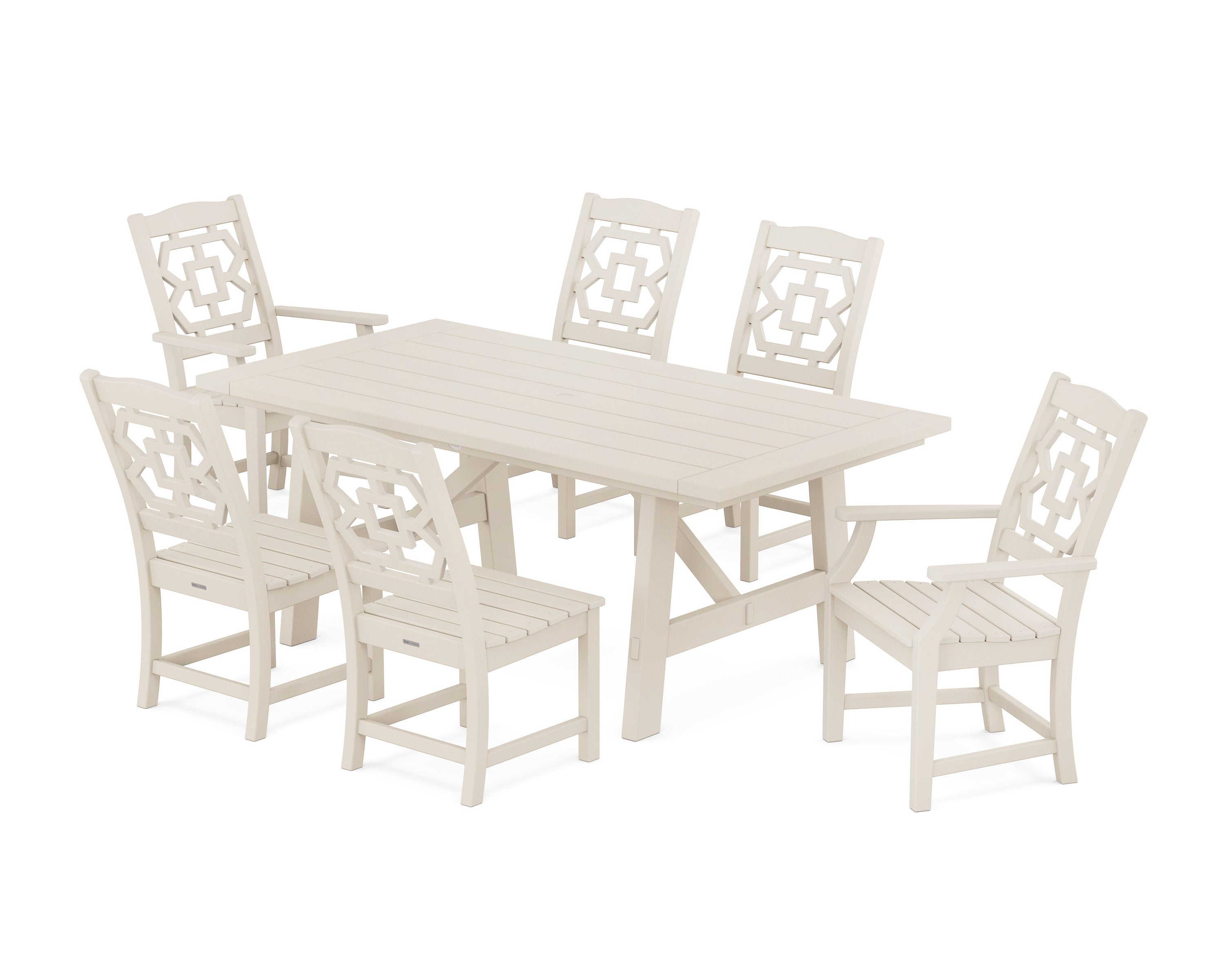 Chinoiserie 7-Piece Rustic Farmhouse Dining Set in Sand