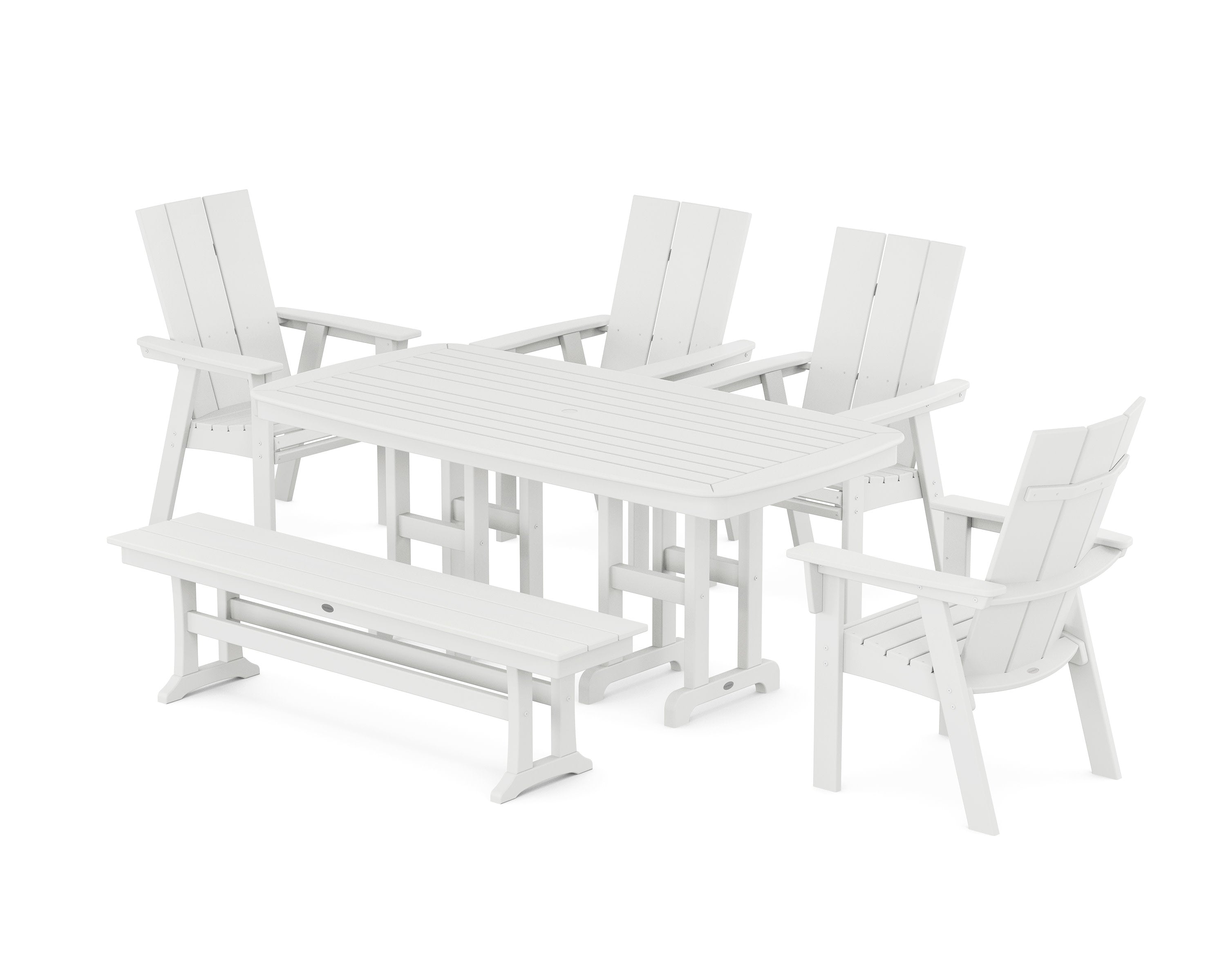 Modern Curveback Adirondack 6-Piece Dining Set with Bench in White