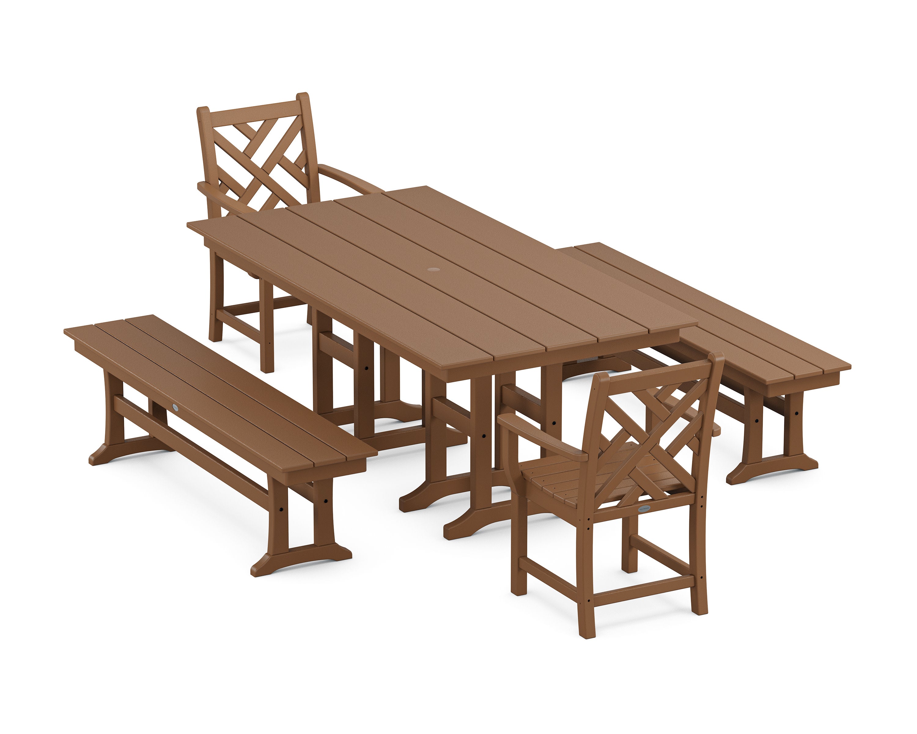 Chippendale 5-Piece Farmhouse Dining Set with Benches in Teak