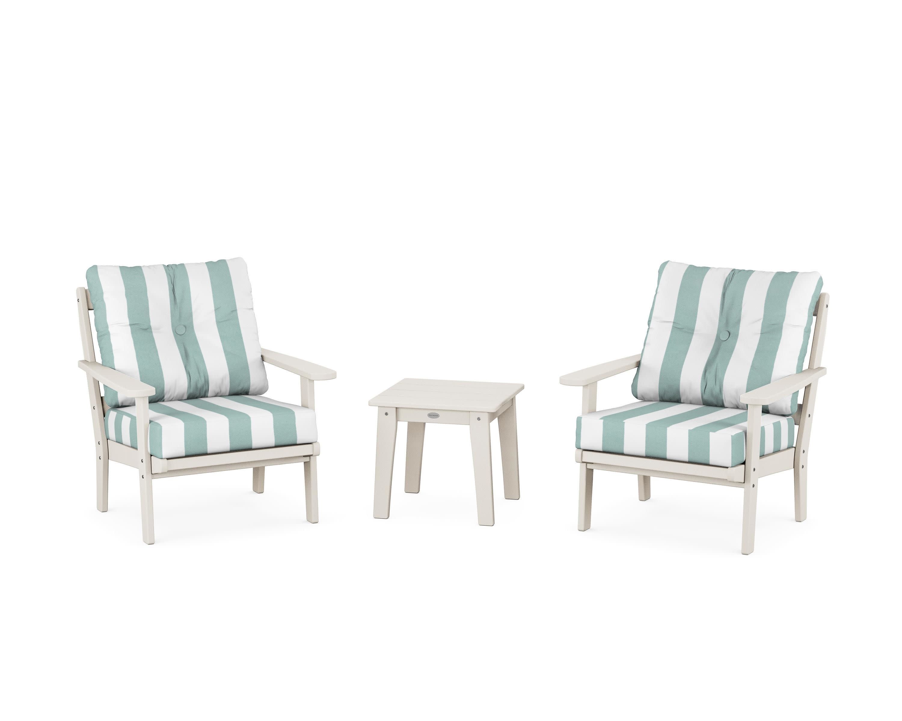 Mission 3-Piece Deep Seating Set in Sand / Cabana Stripe Glacier Spa