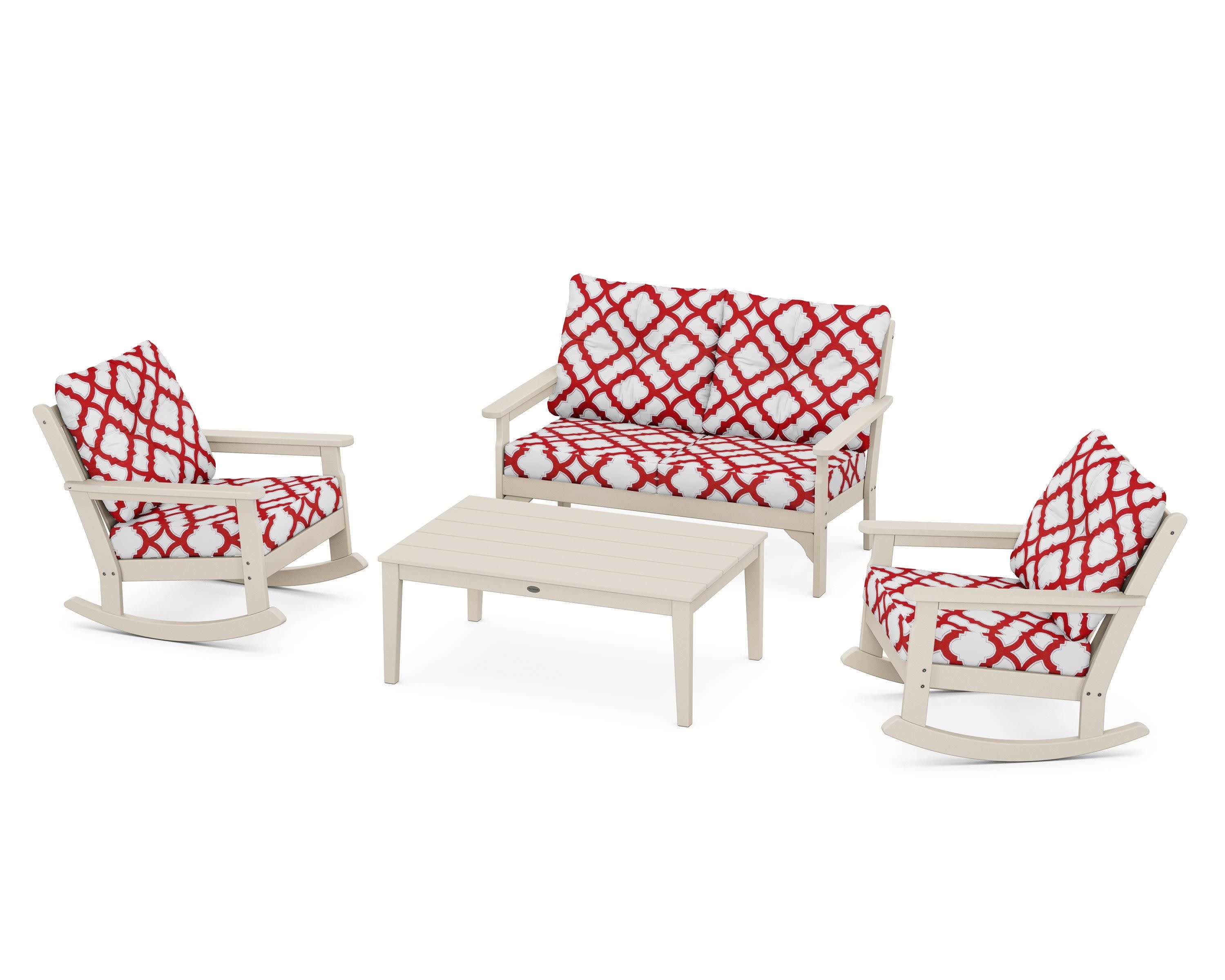 Vineyard 4-Piece Deep Seating Rocking Chair Set in Sand / Trellis Crimson