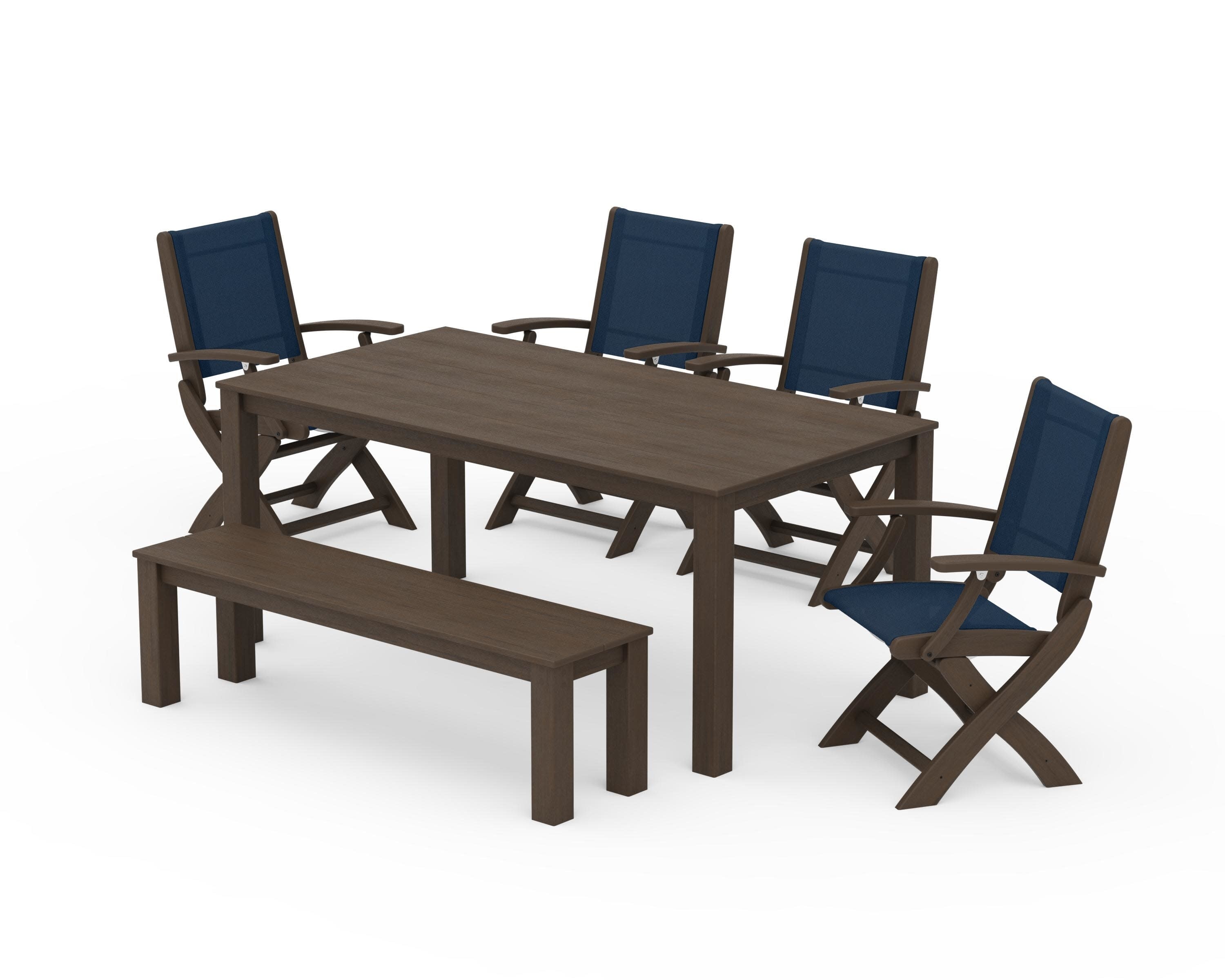 Coastal Folding Chair 6-Piece Parsons Dining Set with Bench in Kona / Navy Blue Sling