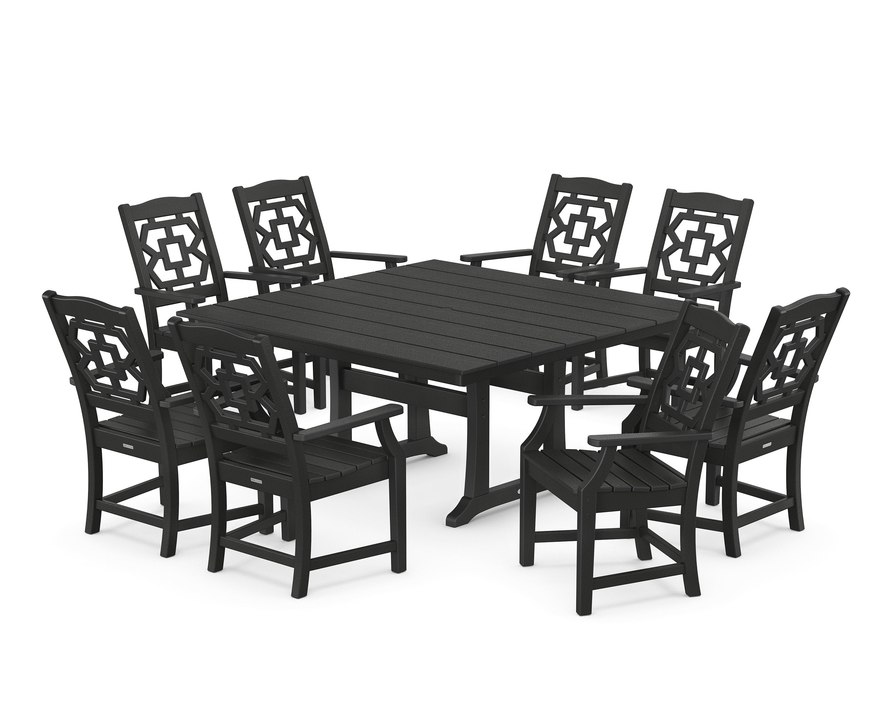 Chinoiserie 9-Piece Square Farmhouse Dining Set with Trestle Legs in Black