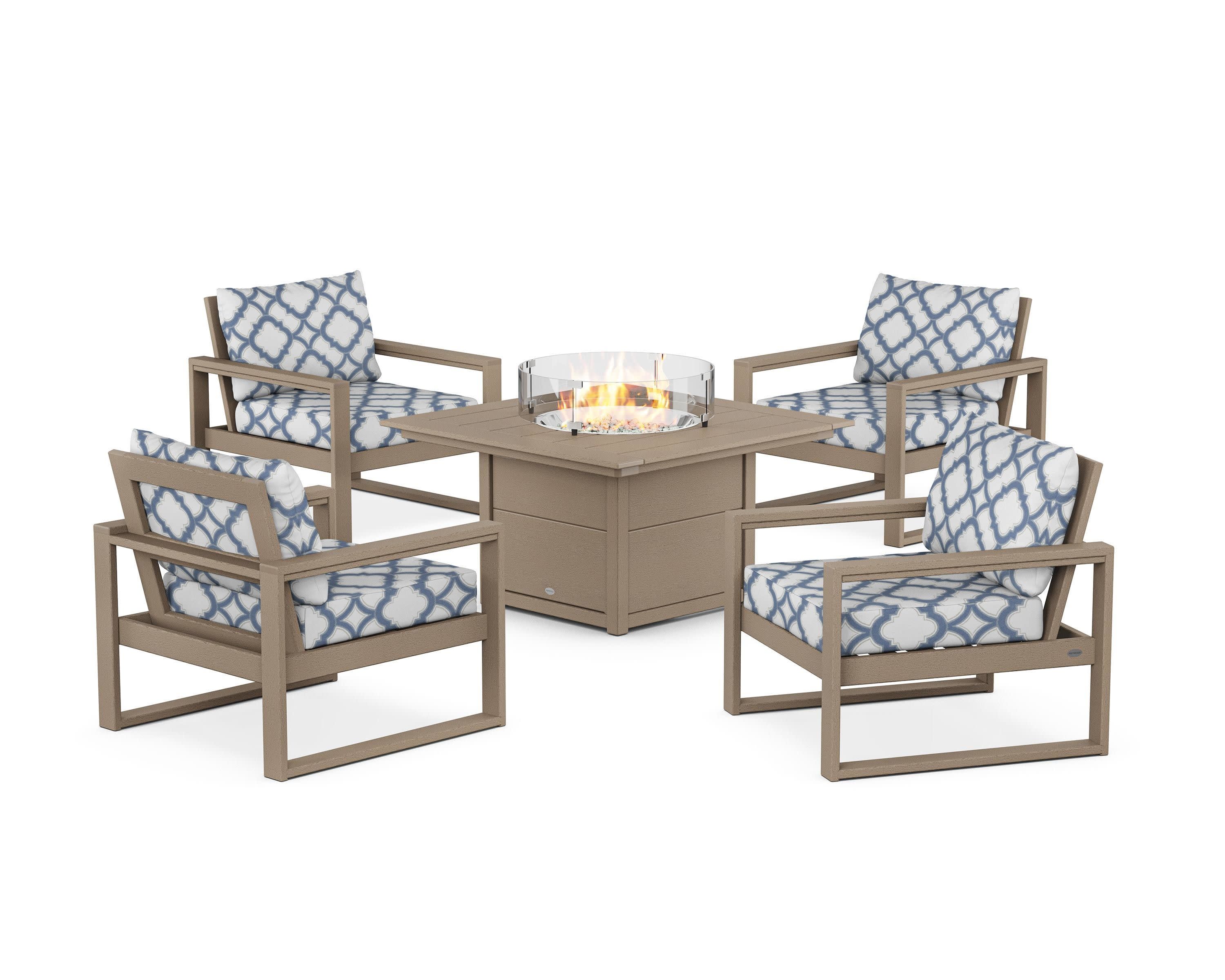 EDGE Sectional 5-Piece Deep Seating Set with Fire Pit Table in Vintage Sahara / Trellis Sky Blue