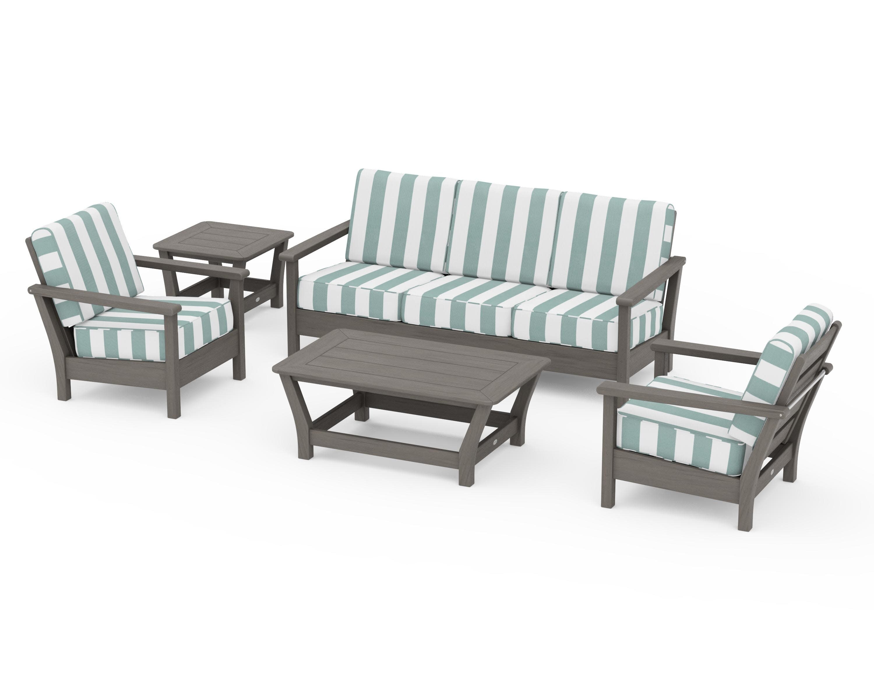 Harbour 5-Piece Deep Seating Set in Driftwood / Cabana Stripe Glacier Spa