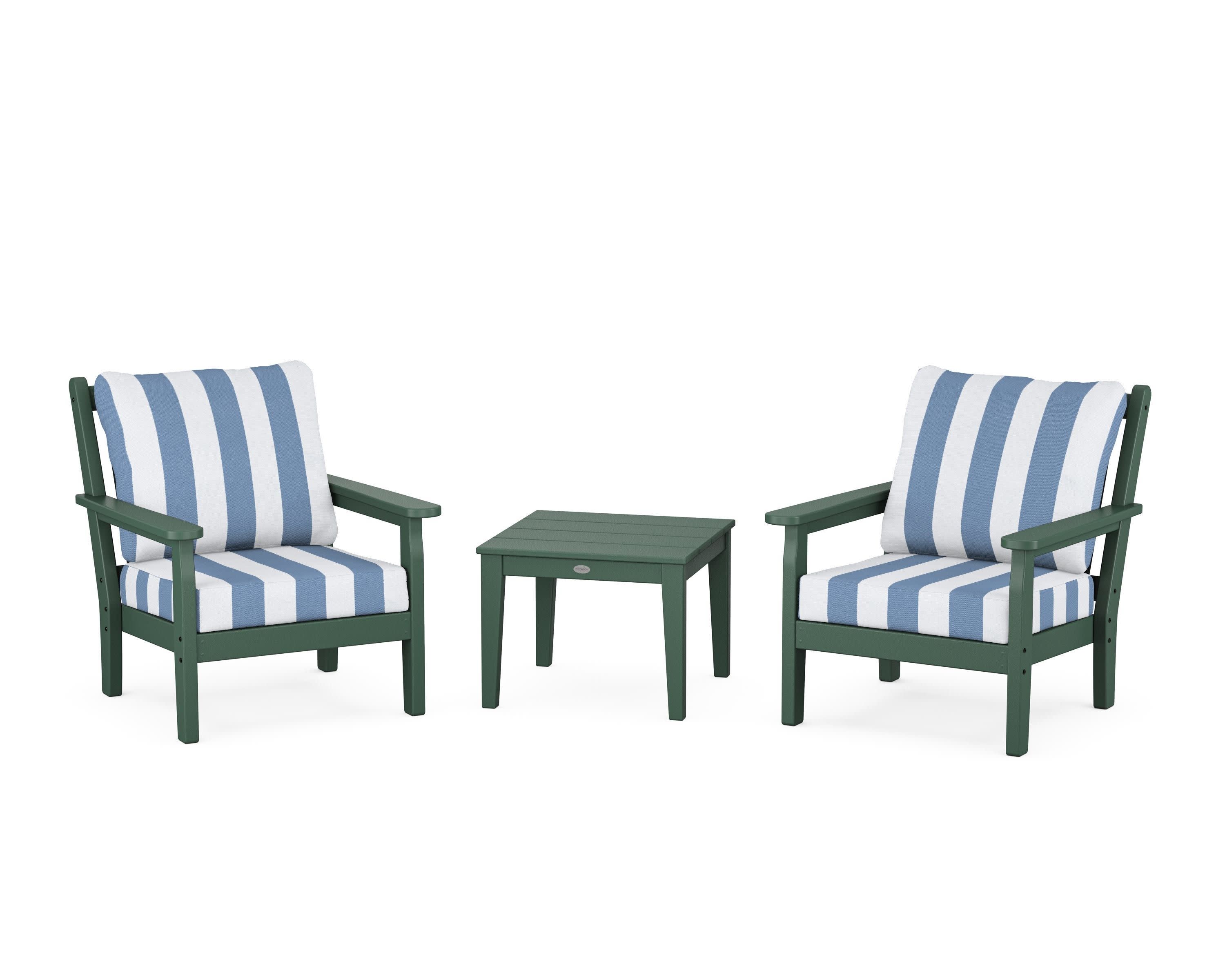Chippendale 3-Piece Deep Seating Set in Green / Cabana Stripe Sky Blue