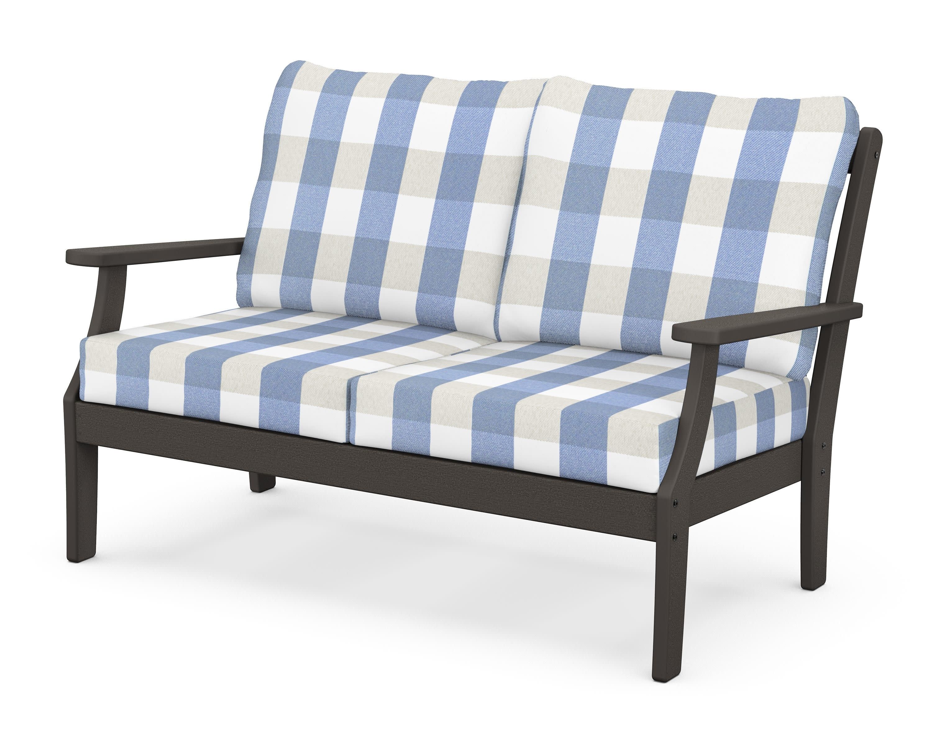 Braxton Deep Seating Loveseat in Vintage Coffee / Buffalo Plaid Sky Blue