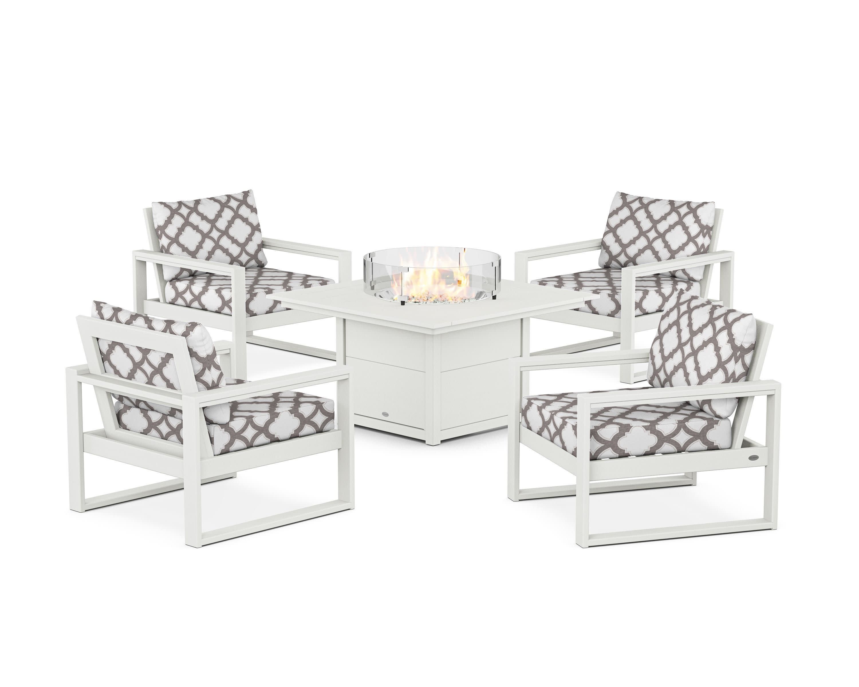 EDGE Sectional 5-Piece Deep Seating Set with Fire Pit Table in Vintage White / Trellis Grey Mist