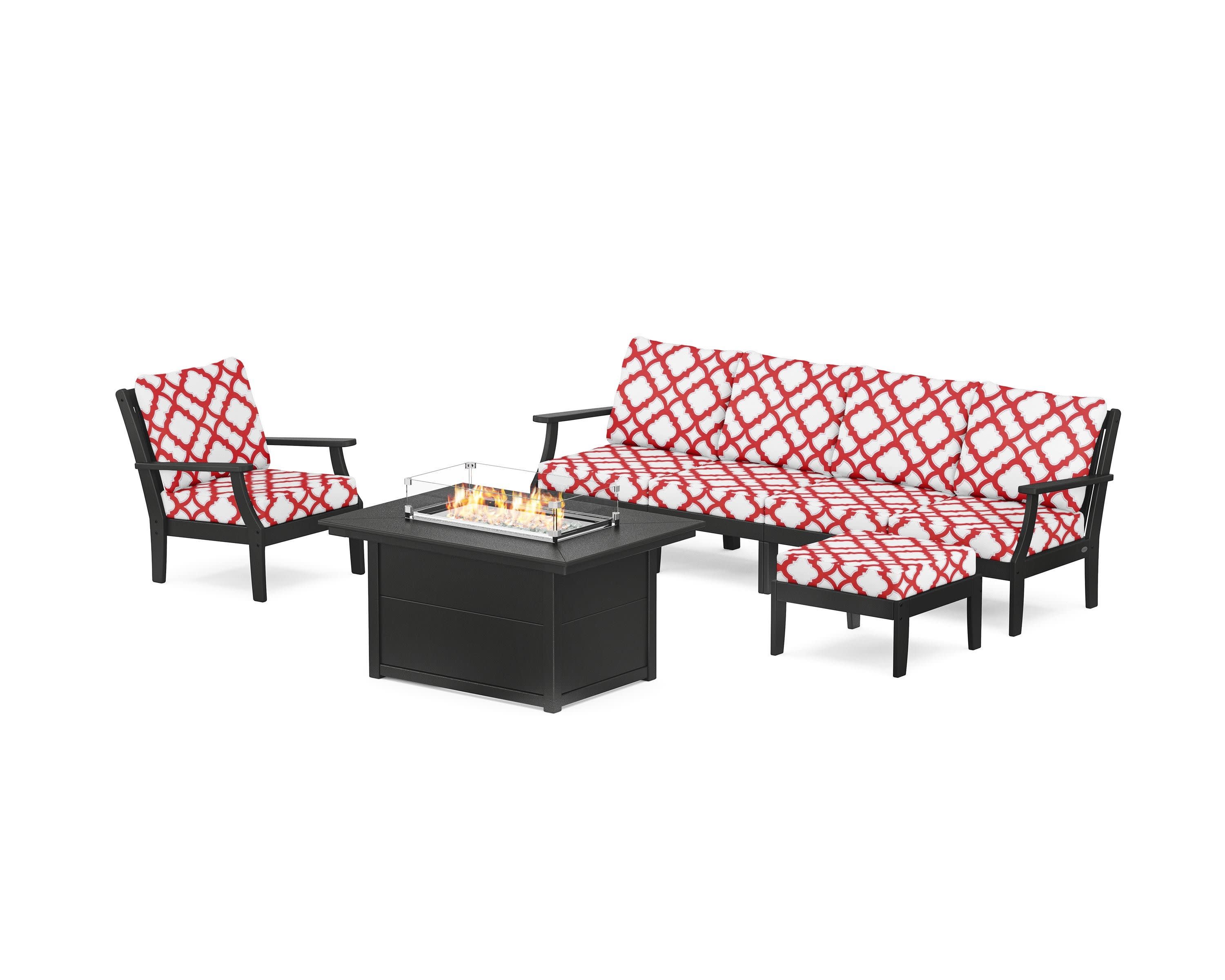 Braxton Sectional Lounge and Fire Pit Set in Black / Trellis Crimson