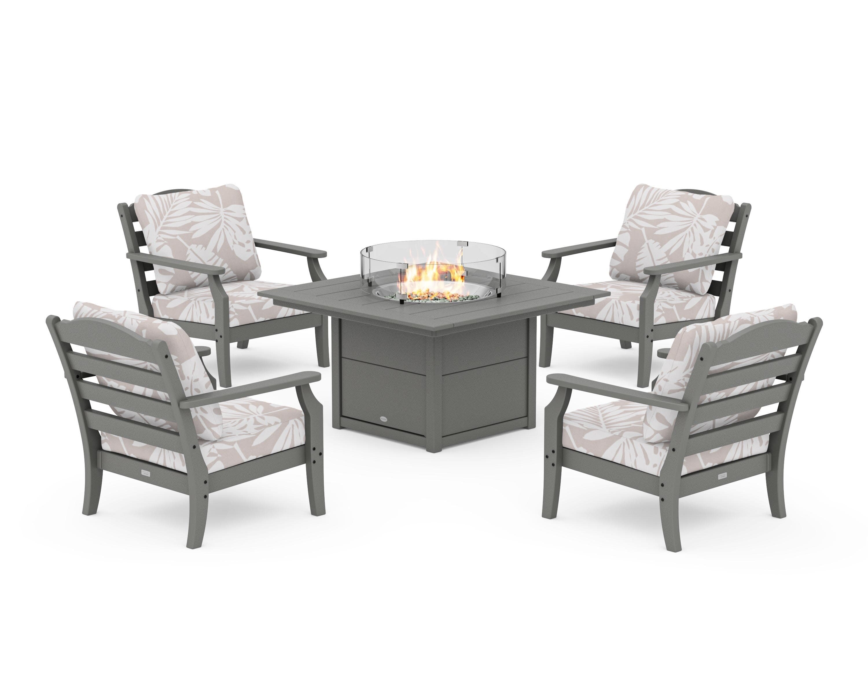 Savannah 5-Piece Deep Seating Set with Fire Pit Table in Slate Grey / Leaf Dune Burlap
