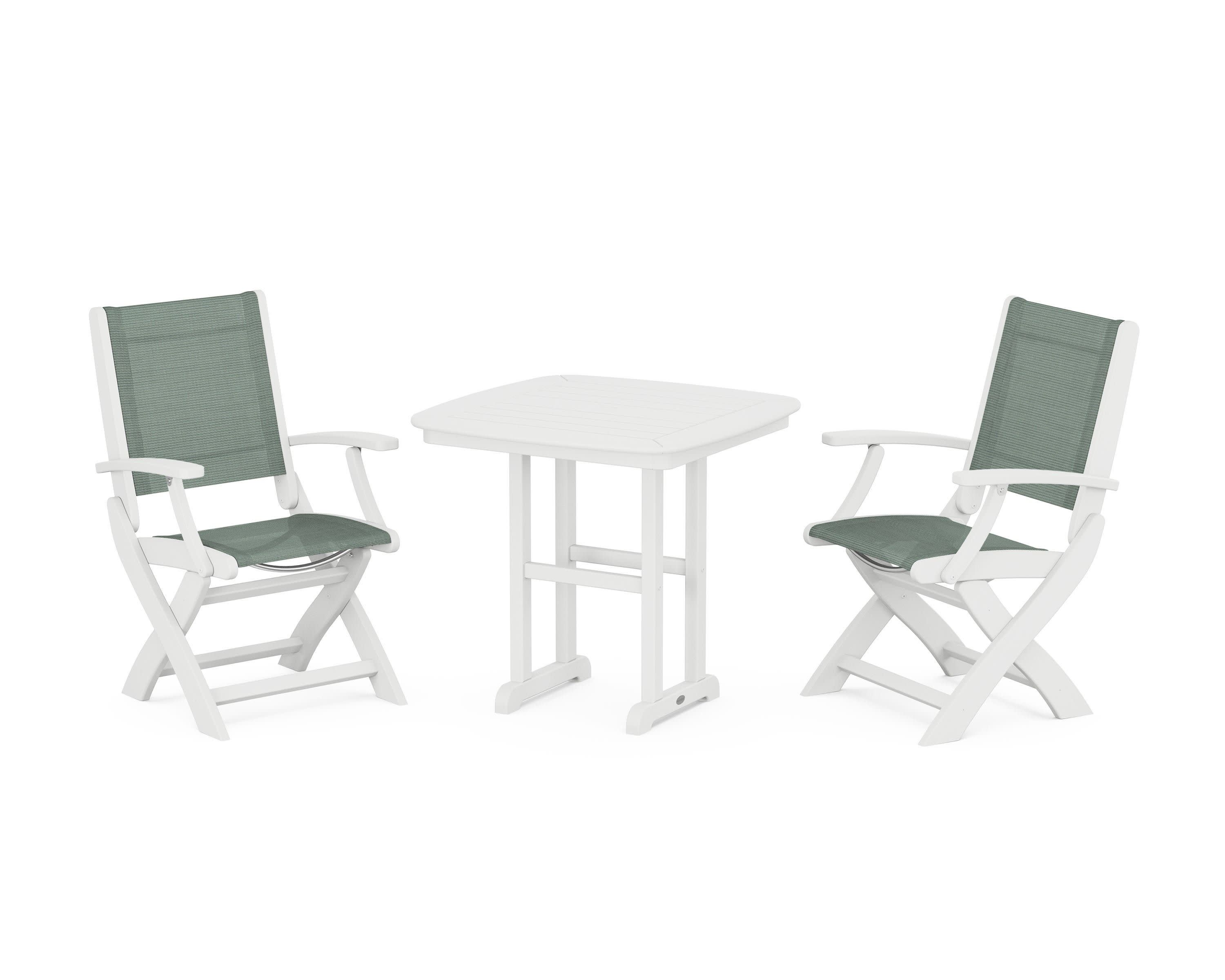 Coastal Folding Chair 3-Piece Dining Set in White / Dupioni Sea Mist Sling
