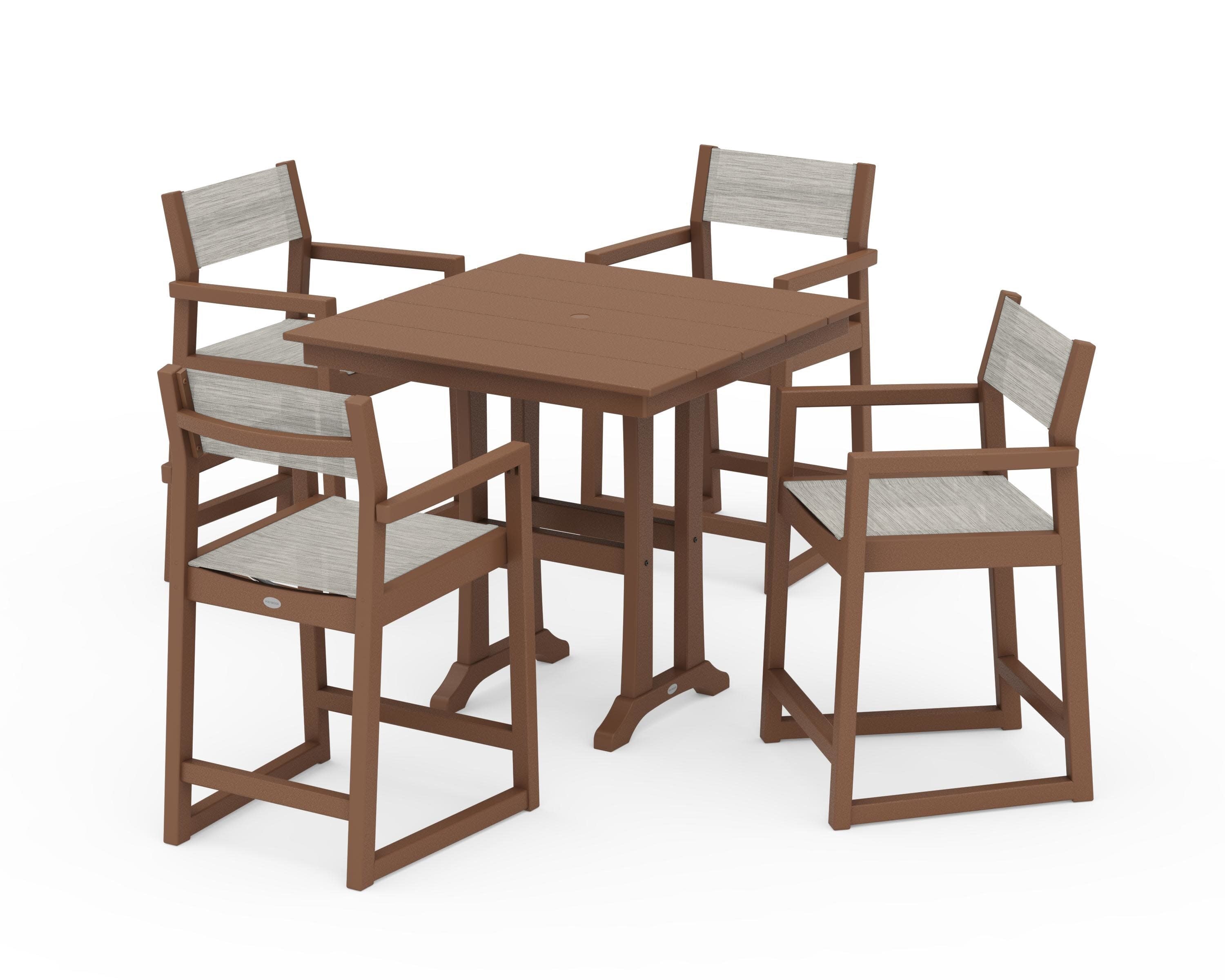 EDGE Sling Arm Chair 5-Piece Farmhouse Counter Set with Trestle Legs in Teak / Birch Sling