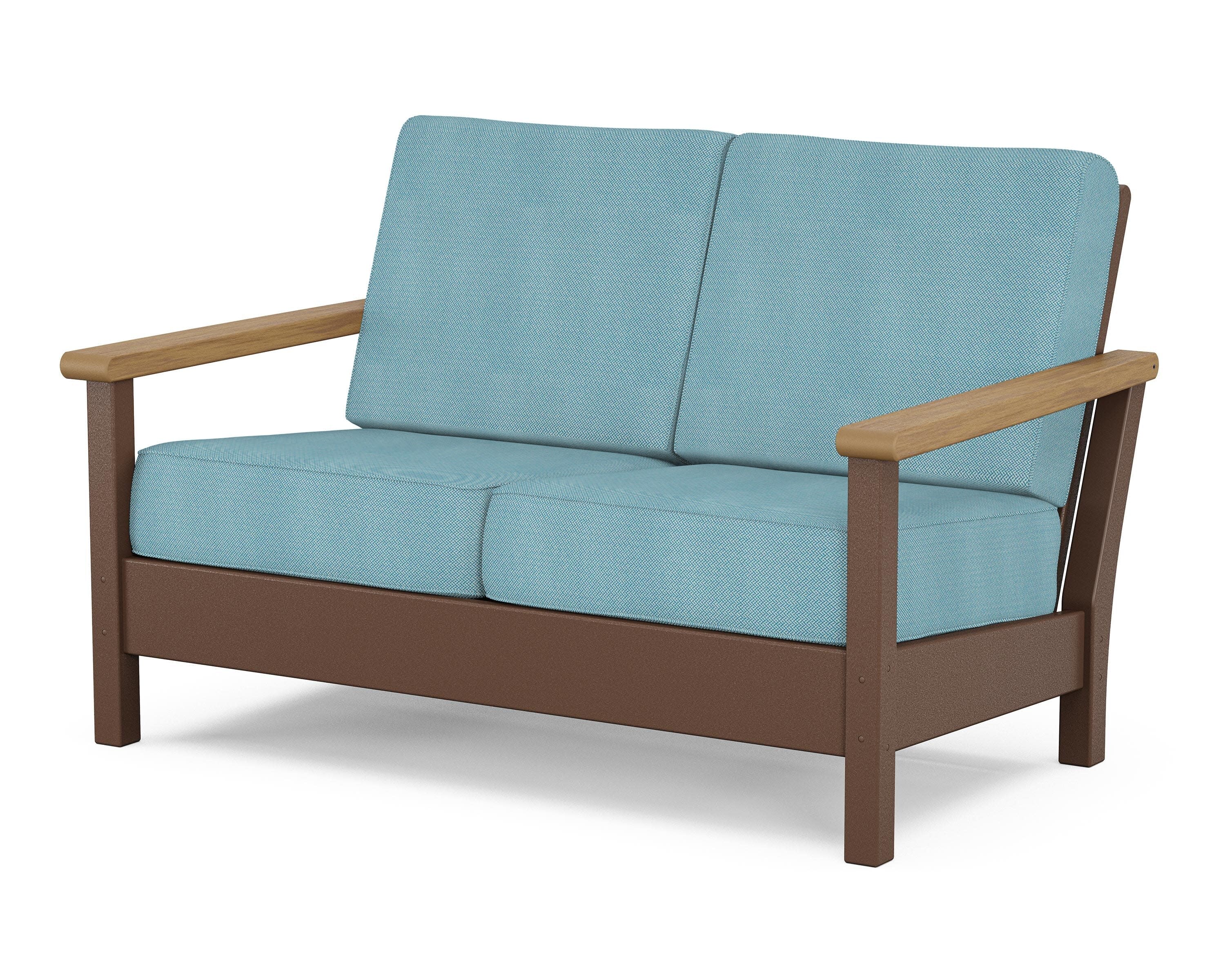 Harbour Deep Seating Loveseat in Mahogany / Natural / Lattice Sky Blue
