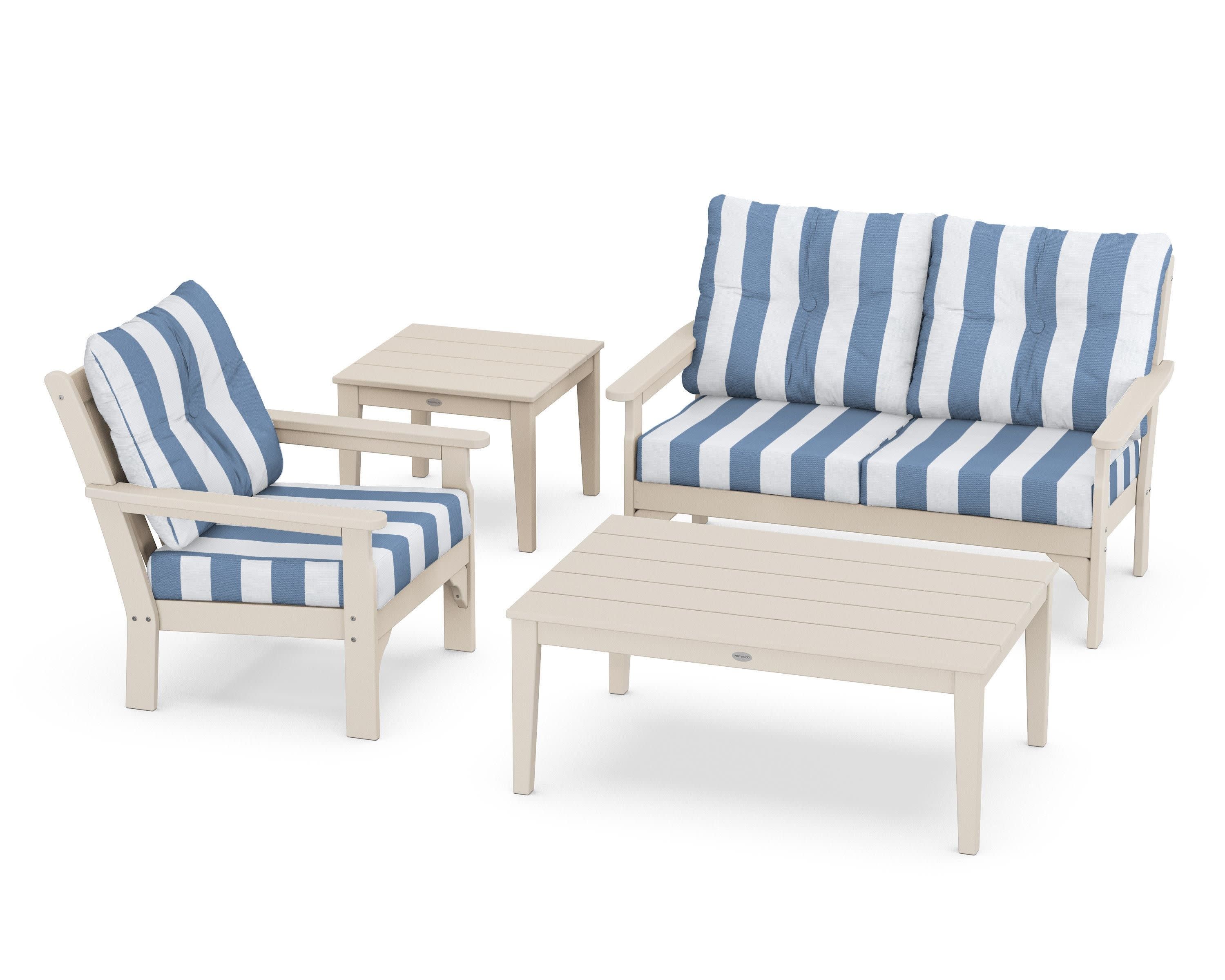 Vineyard 4-Piece Deep Seating Set in Sand / Cabana Stripe Sky Blue