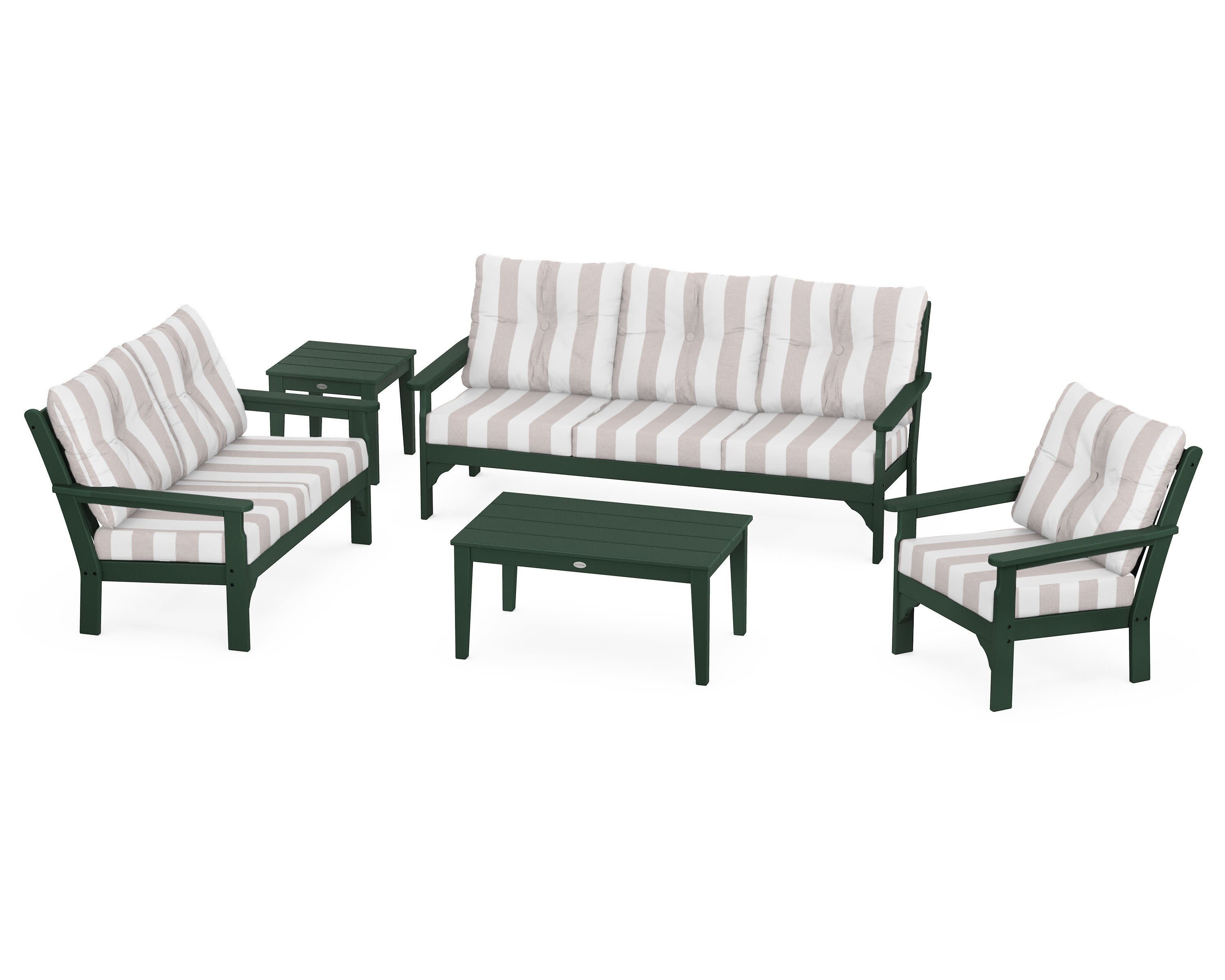 Vineyard 5 Piece Deep Seating Set in Green / Cabana Stripe Dune Burlap