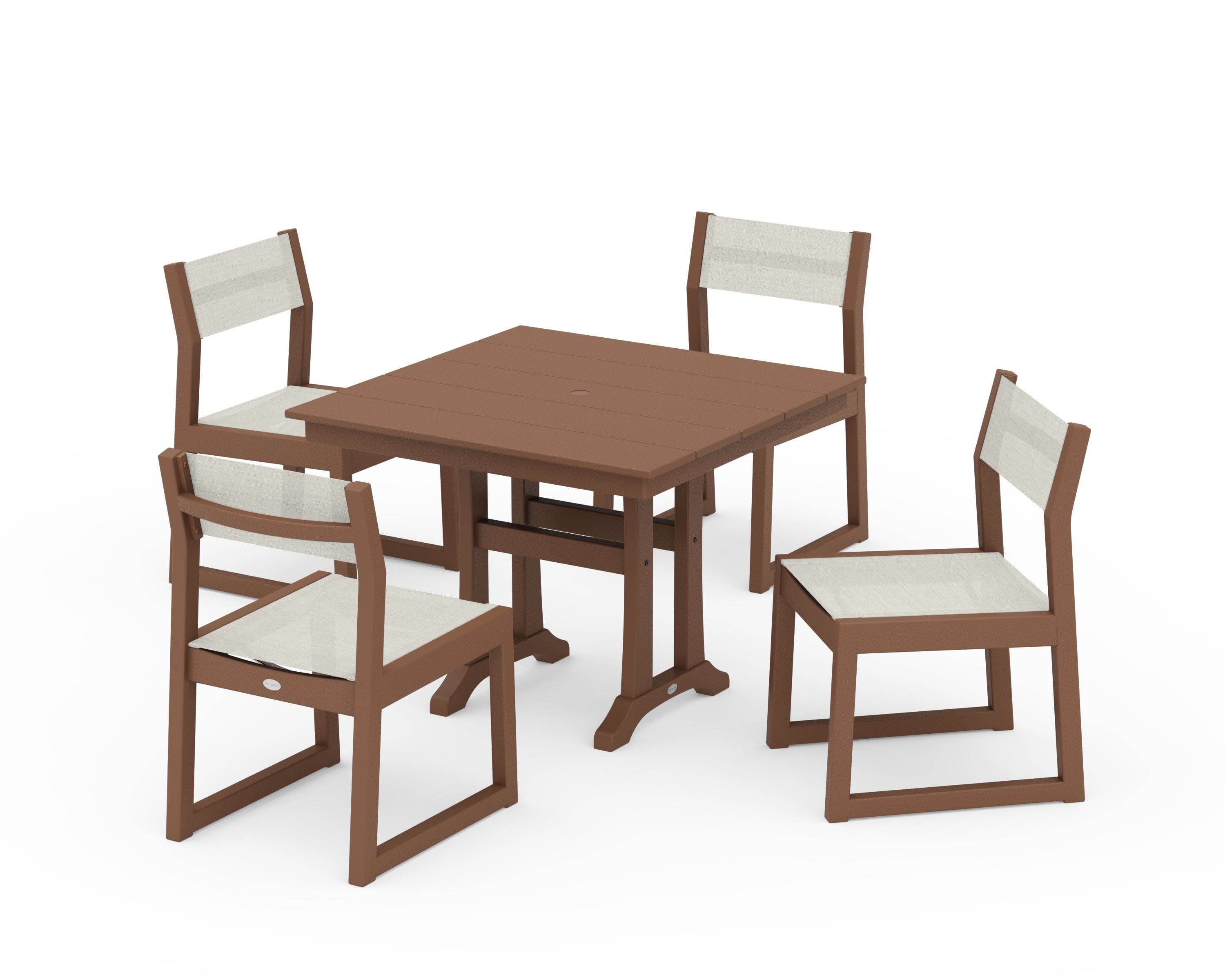 EDGE Sling 5-Piece Farmhouse Trestle Side Chair Dining Set in Teak / Parchment Sling