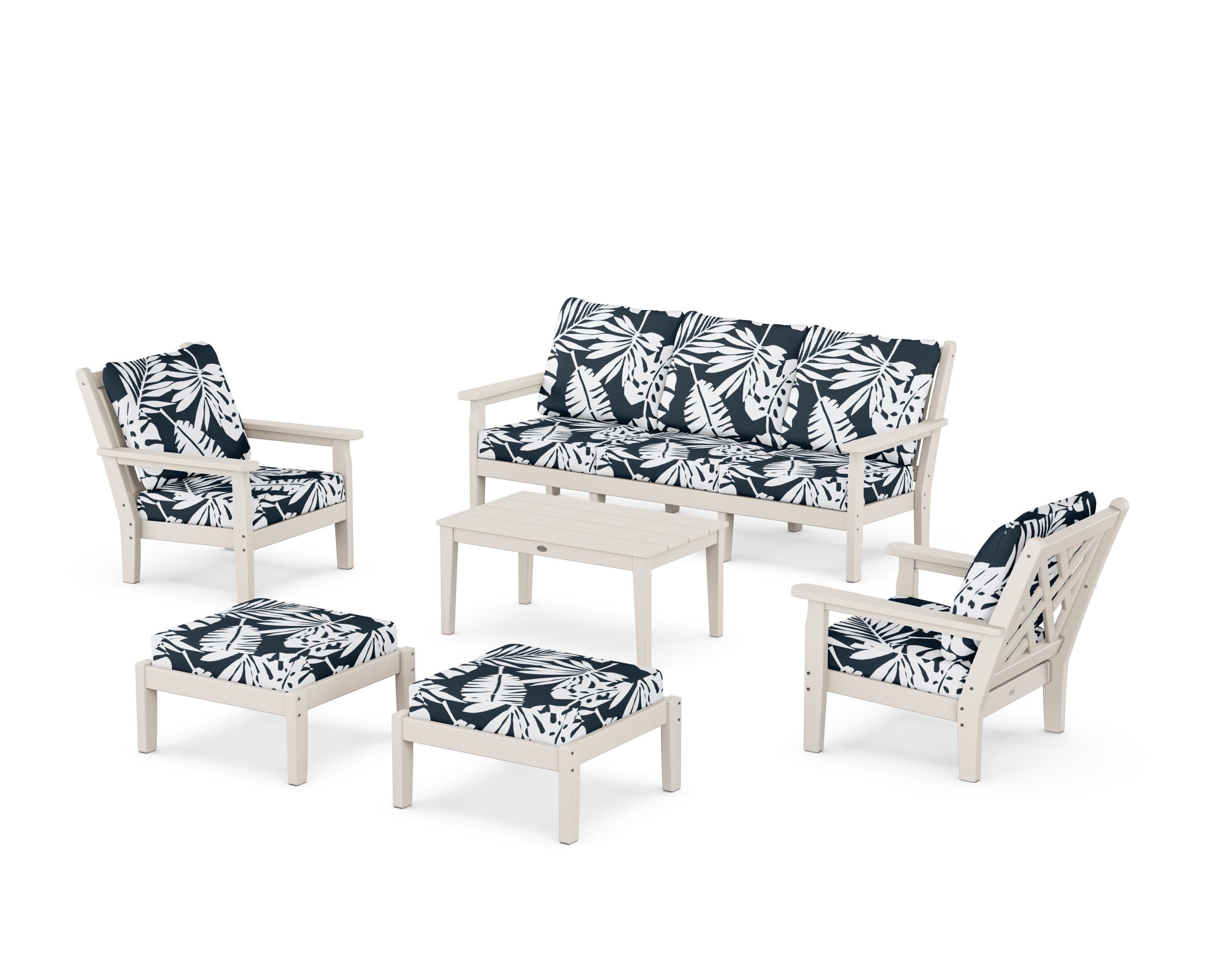 Chippendale 6-Piece Lounge Sofa Set in Sand / Leaf Marine Indigo