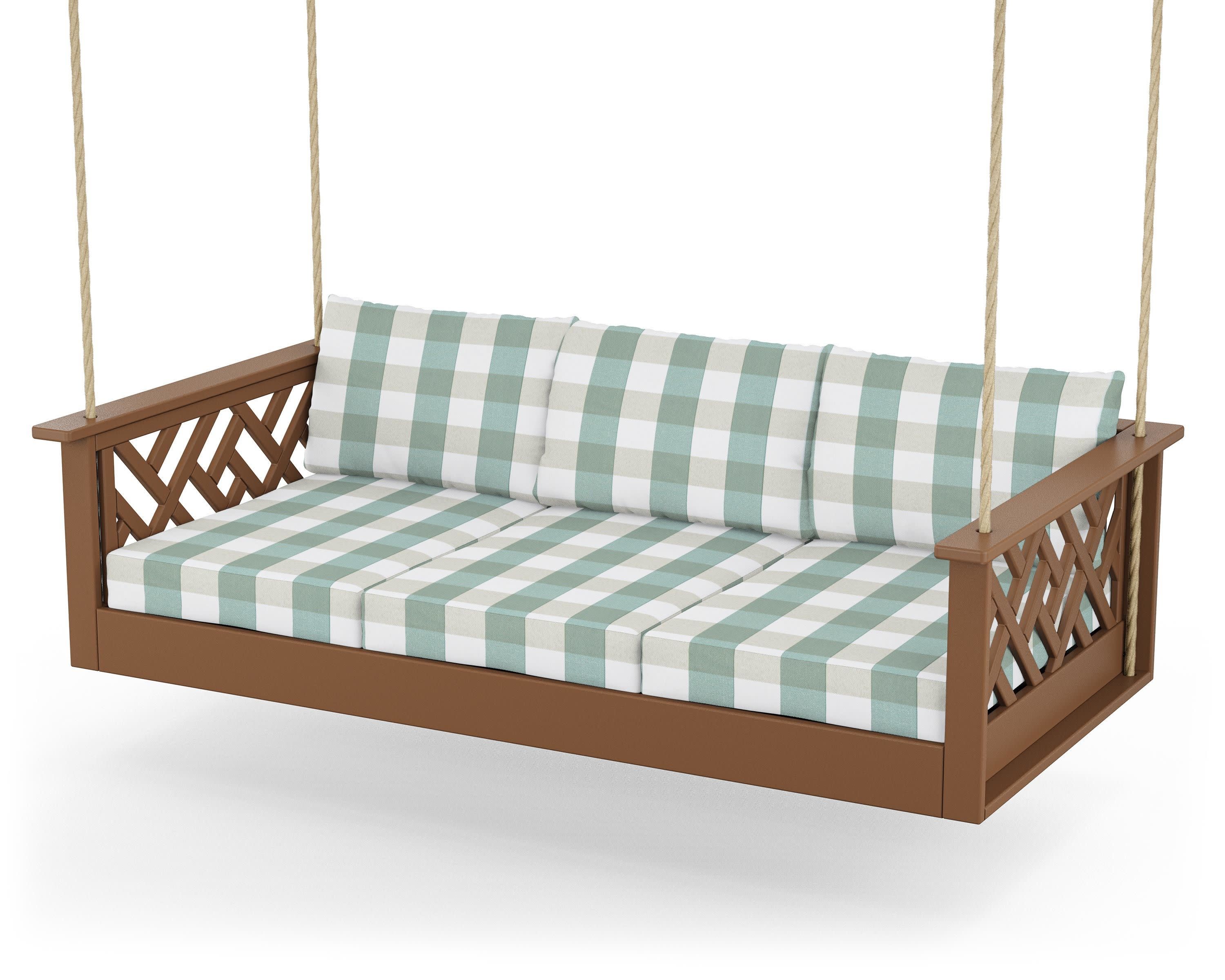 Chippendale Daybed Swing in Teak / Buffalo Plaid Glacier Spa