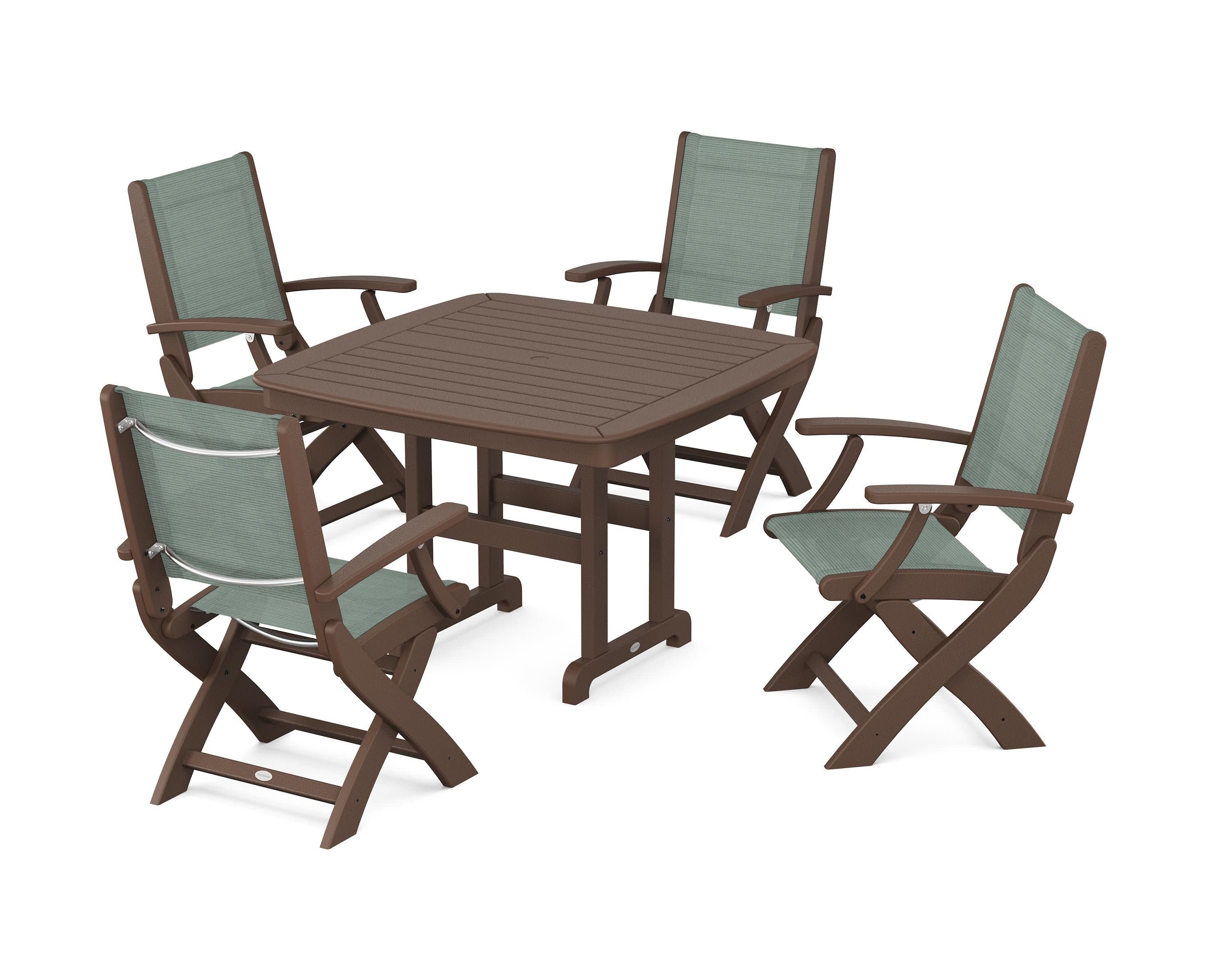 Coastal Folding Chair 5-Piece Dining Set in Mahogany / Dupioni Sea Mist Sling