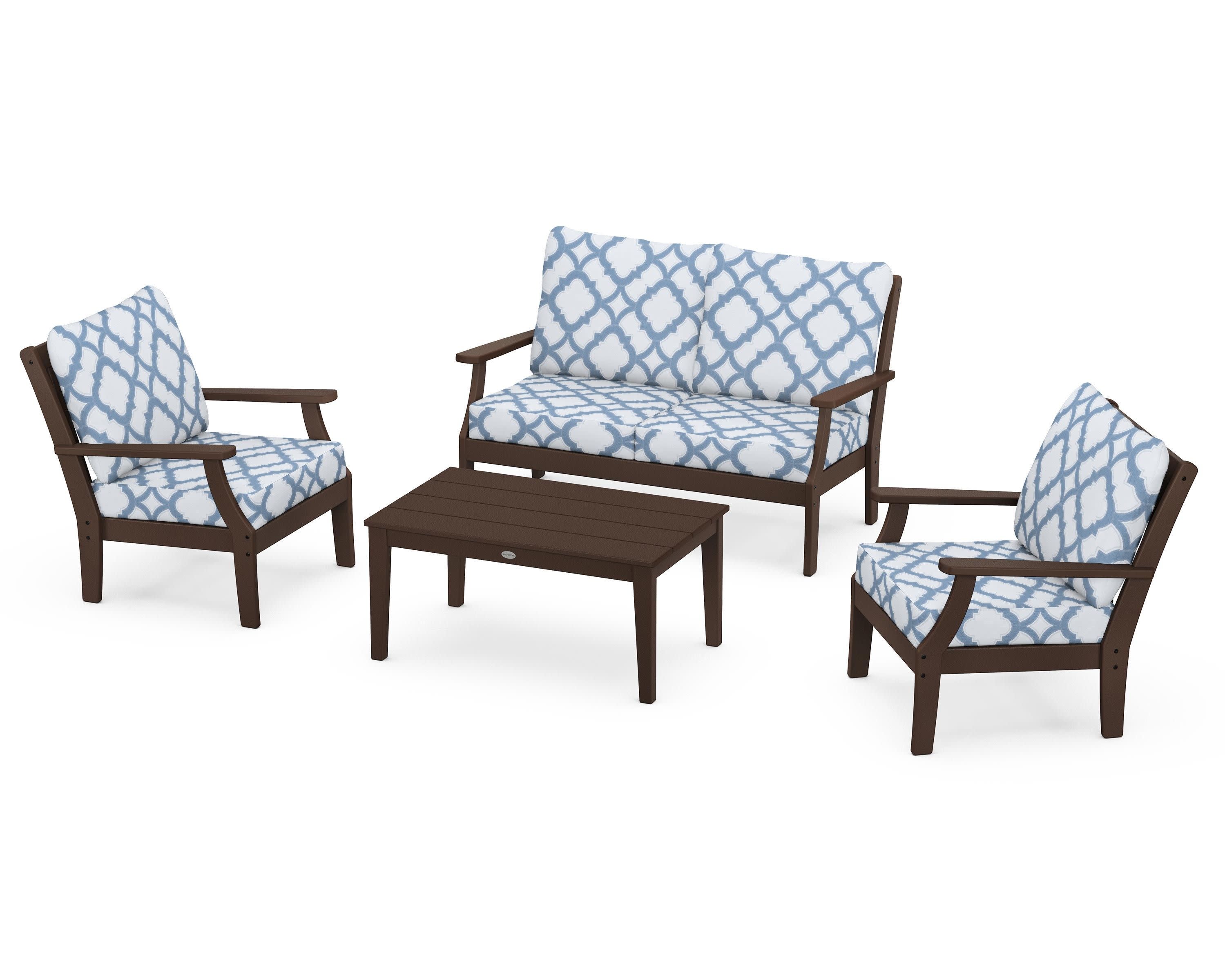 Braxton 4-Piece Deep Seating Chair Set in Mahogany / Trellis Sky Blue