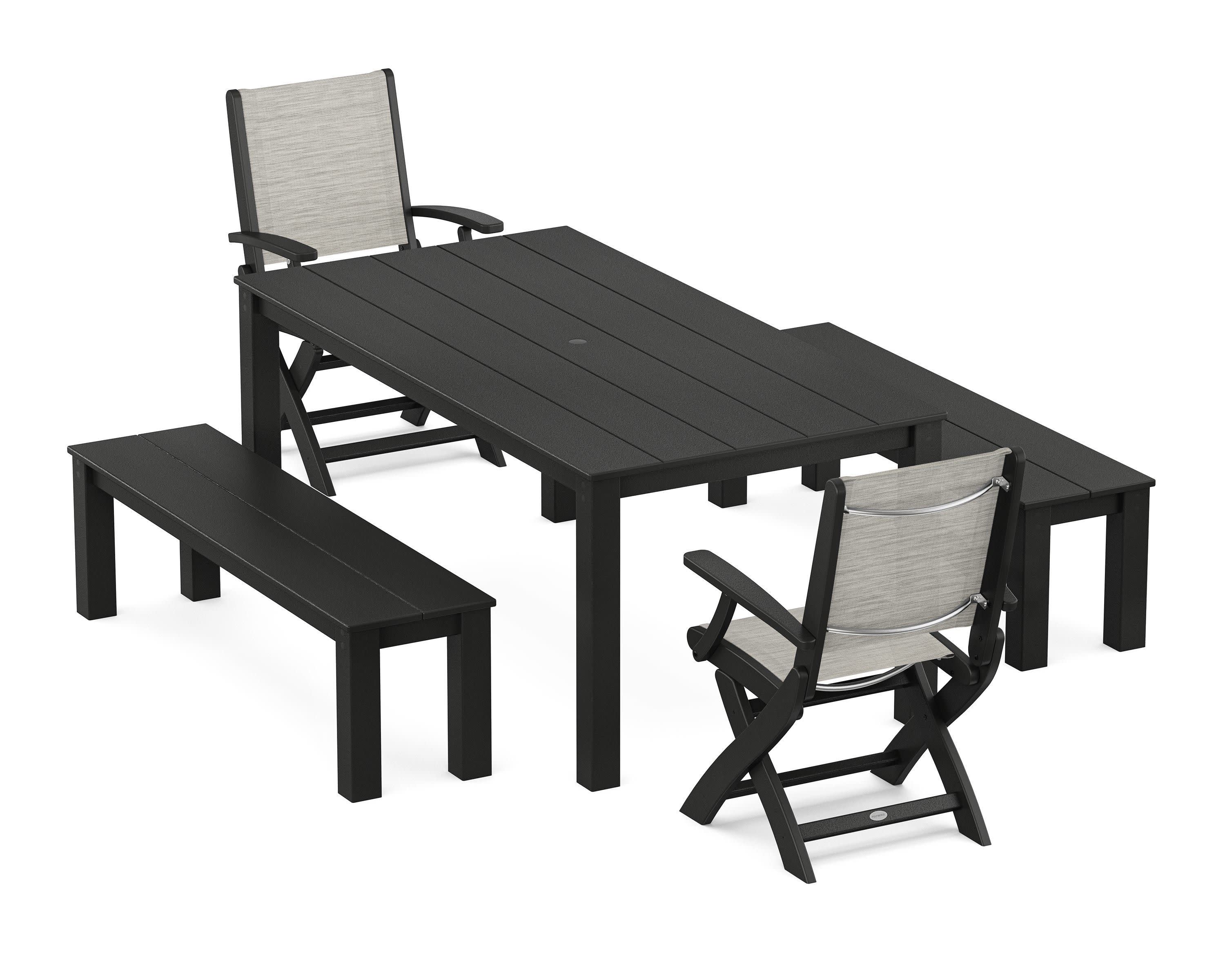 Coastal Folding Chair 5-Piece Parsons Dining Set with Benches in Black / Birch Sling
