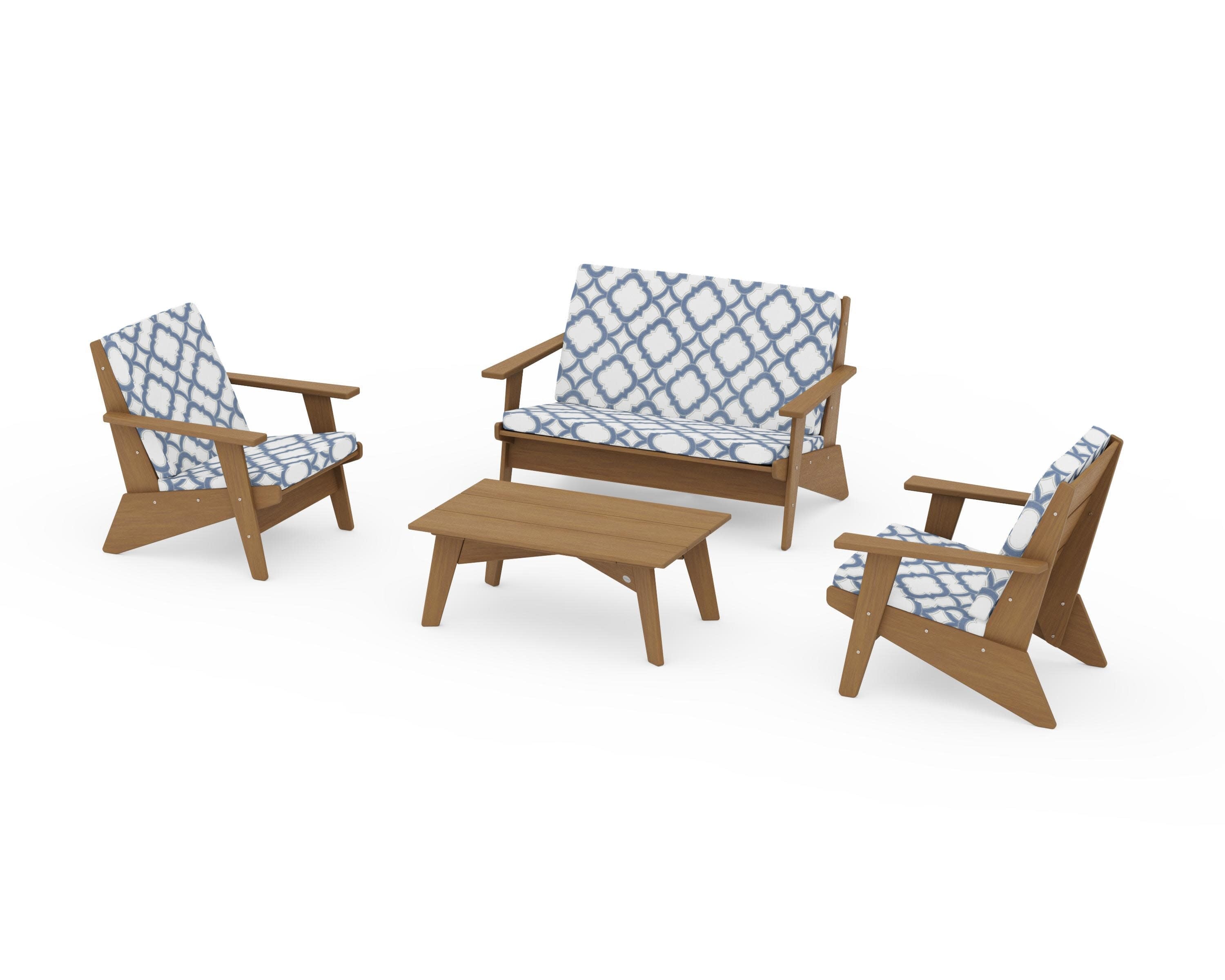 Riviera Modern Lounge 4-Piece Set in Natural / Trellis Sky Blue