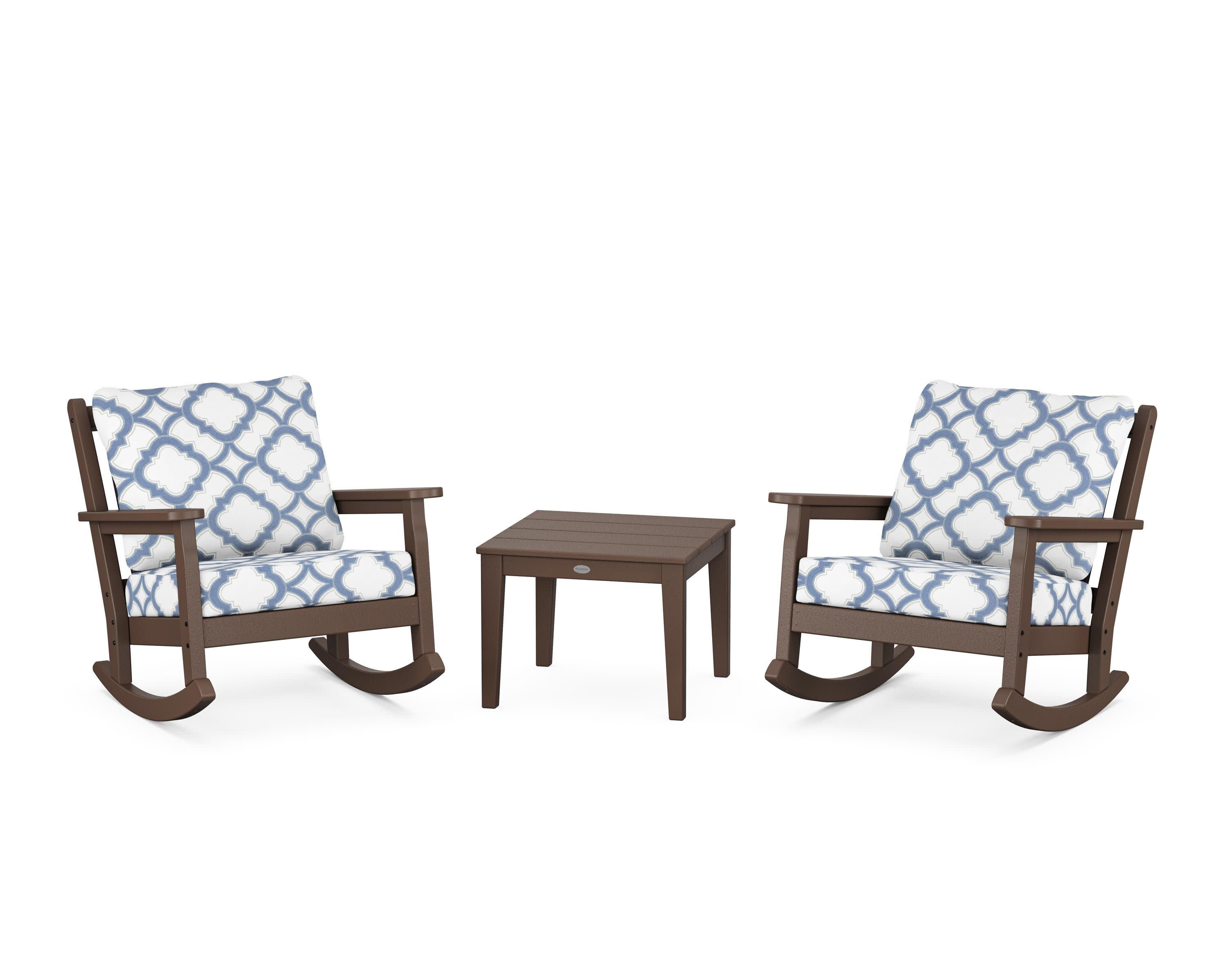 Chippendale 3-Piece Deep Seating Rocker Set in Mahogany / Trellis Sky Blue