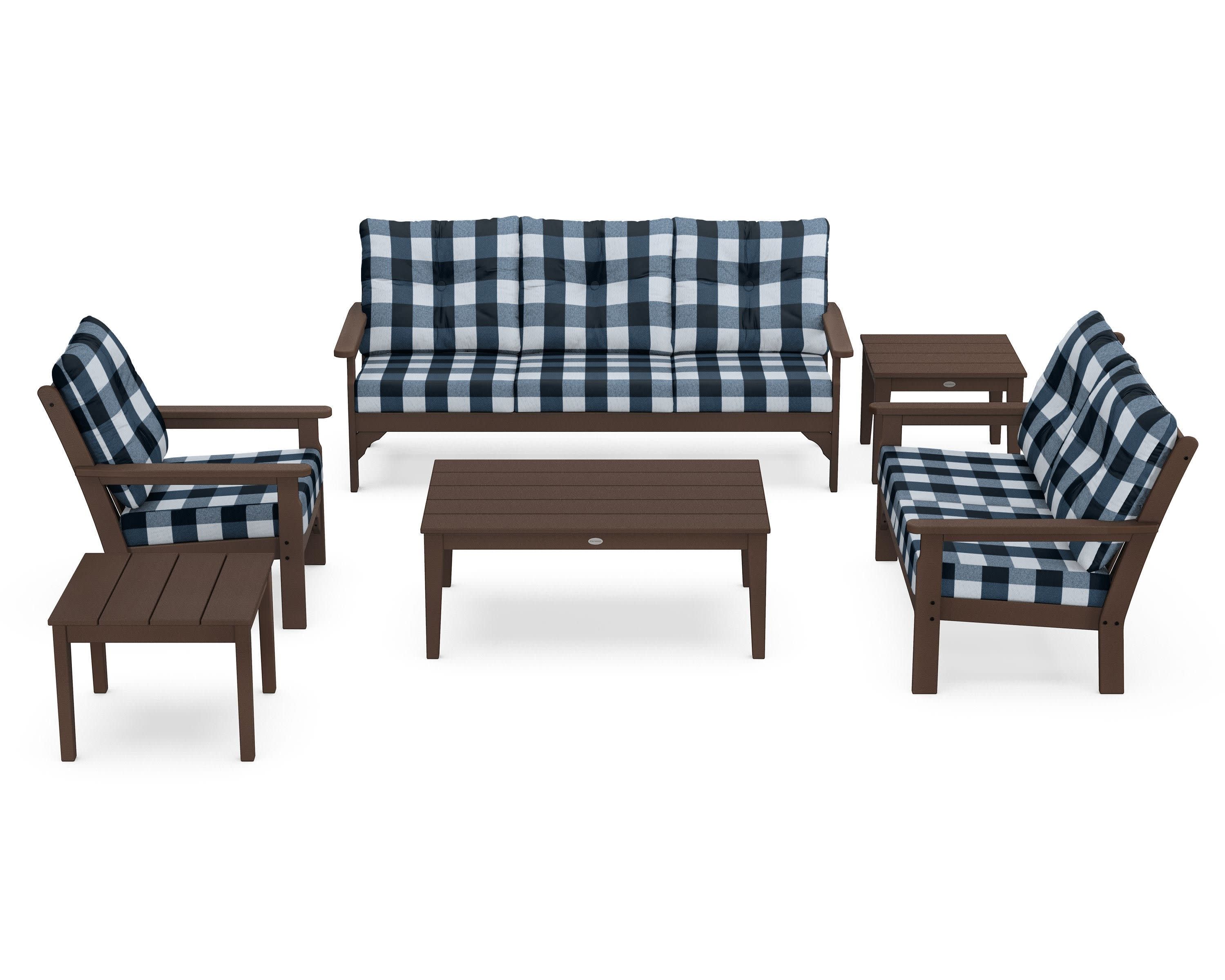 Vineyard 6-Piece Deep Seating Set in Mahogany / Buffalo Plaid Marine Indigo