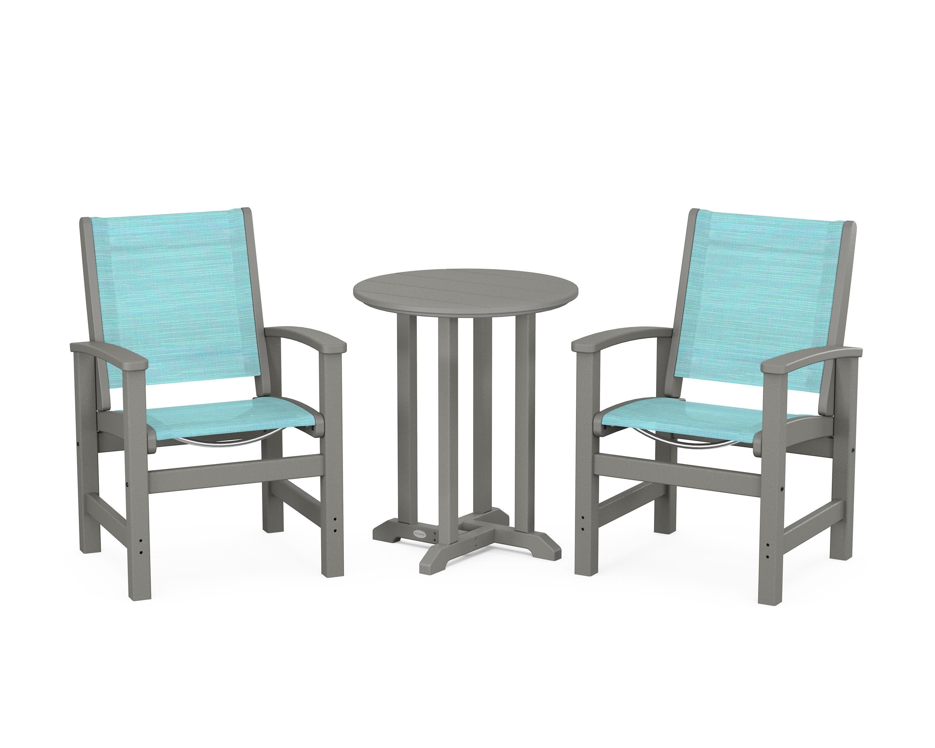 Coastal 3-Piece Round Bistro Dining Set in Slate Grey / Dupioni Aquamarine Sling