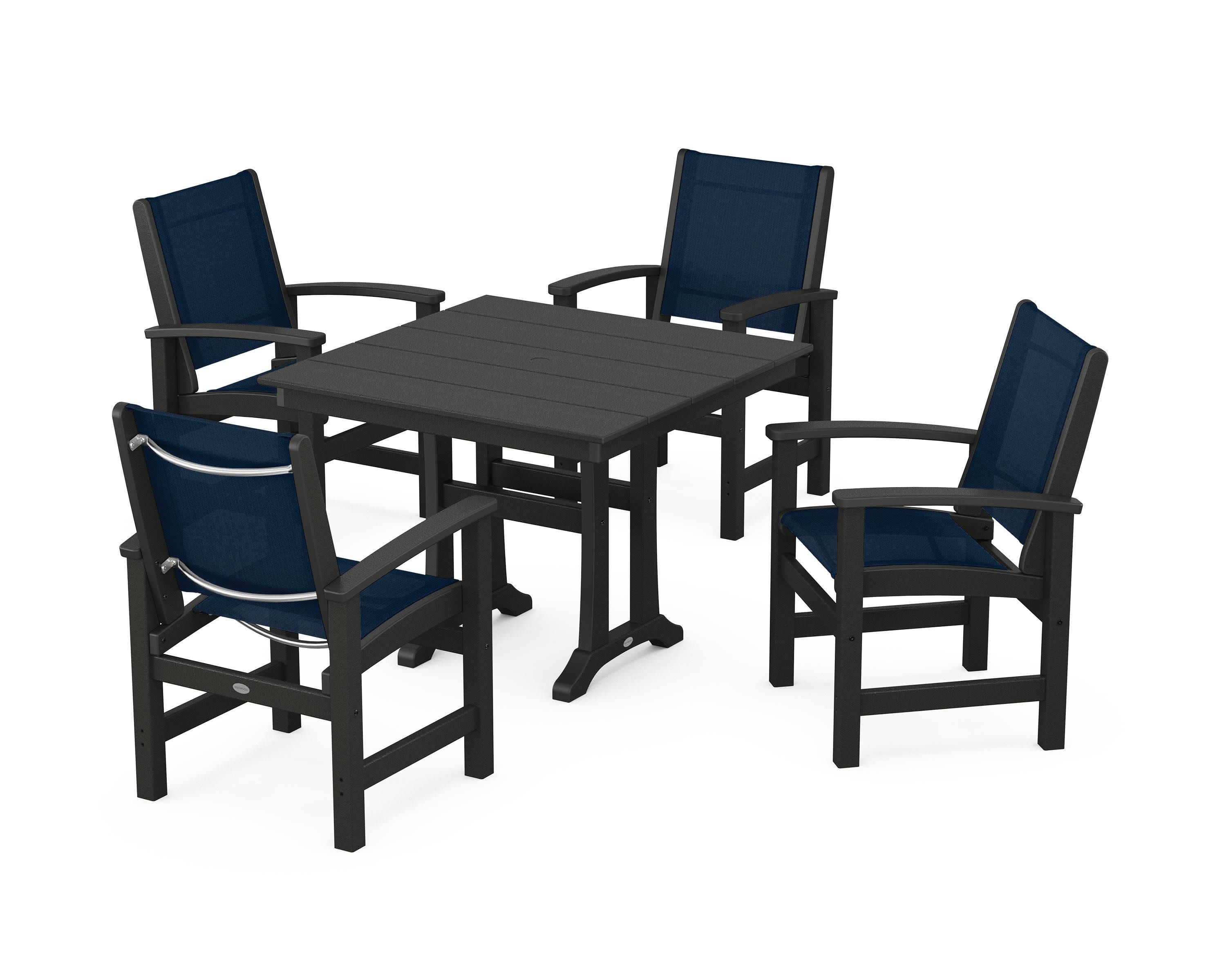 Coastal 5-Piece Farmhouse Dining Set With Trestle Legs in Black / Navy Blue Sling